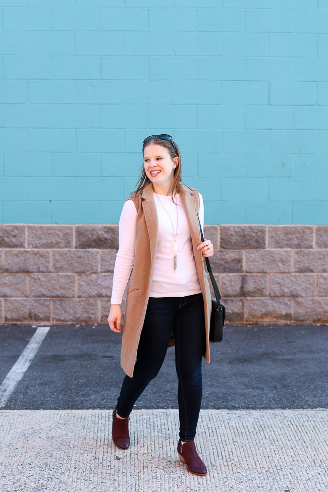 The Camel Blazer Vest | Something Good, sleeveless vest, women, fashion, clothing, style, thanksgiving outfit, fall fashion, fall style, jeans, denim, camel vest