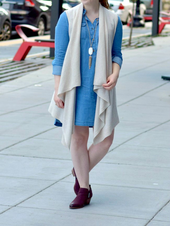 The Chambray Dress | Something Good, waterfall cardigan