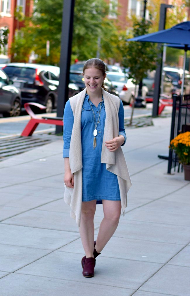 The Chambray Dress | Something Good, fall outfits, fall fashion, style, outfit, women, clothing, clothes, dress, ankle boots, long necklace, dress, vest, sweater, denim, chambray