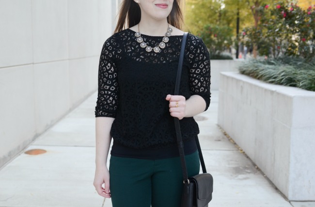 The Office Holiday Party Outfit | Something Good, black lace top, loft