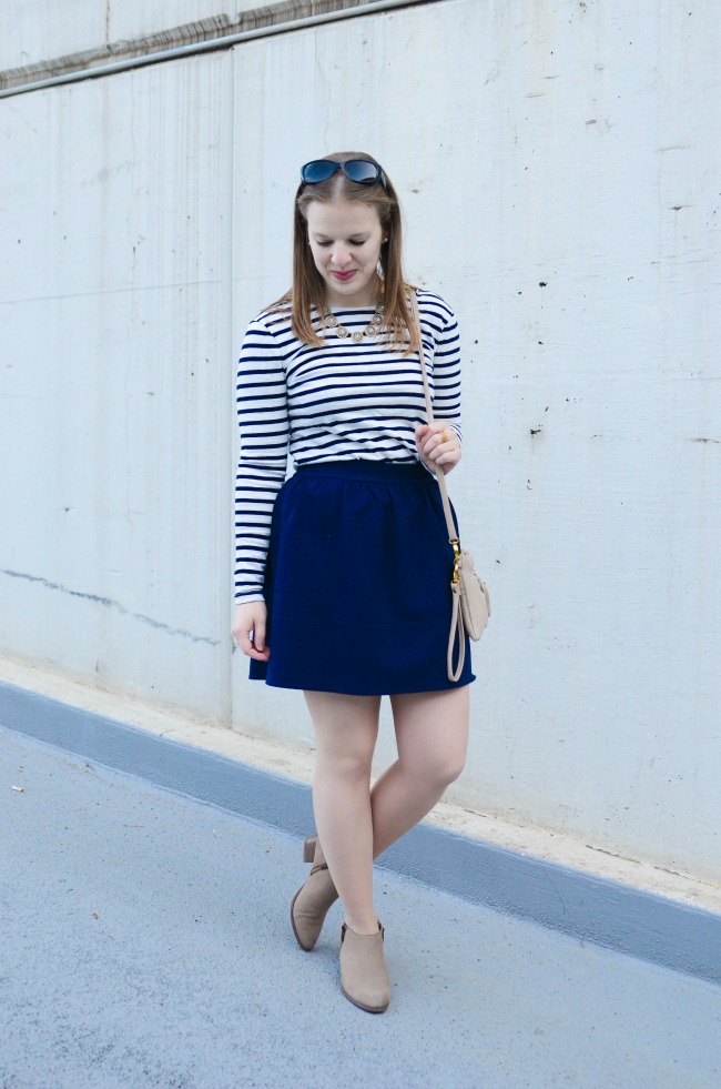 The Bow Back Top | Something Good, women, fashion, clothing, style, clothes, madewell skirt, skirt, striped top, bow back, j.crew factory necklace, j.crew, franco sarto, ankle boot, bootie, holiday, holiday party outfit, christmas party, outfit, women's fashion, navy striped shirt