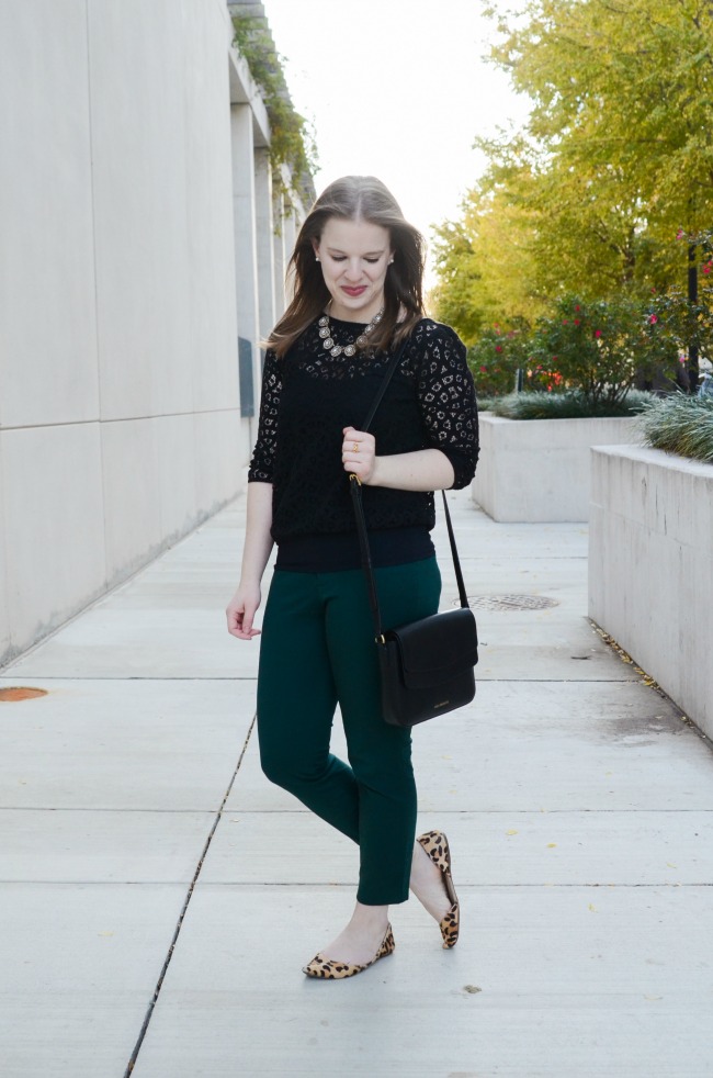 The Office Holiday Party Outfit | Something Good, women, fashion, clothing, clothes, style, holiday, christmas party, office party, holiday party, green pants., ankle pants, work outfit, work appropriate, lace top, black lace, leopard print flats, leopard d'orsay shoes, black crossbody bag, old navy pixie pants, j.crew factory necklace, pixie pants