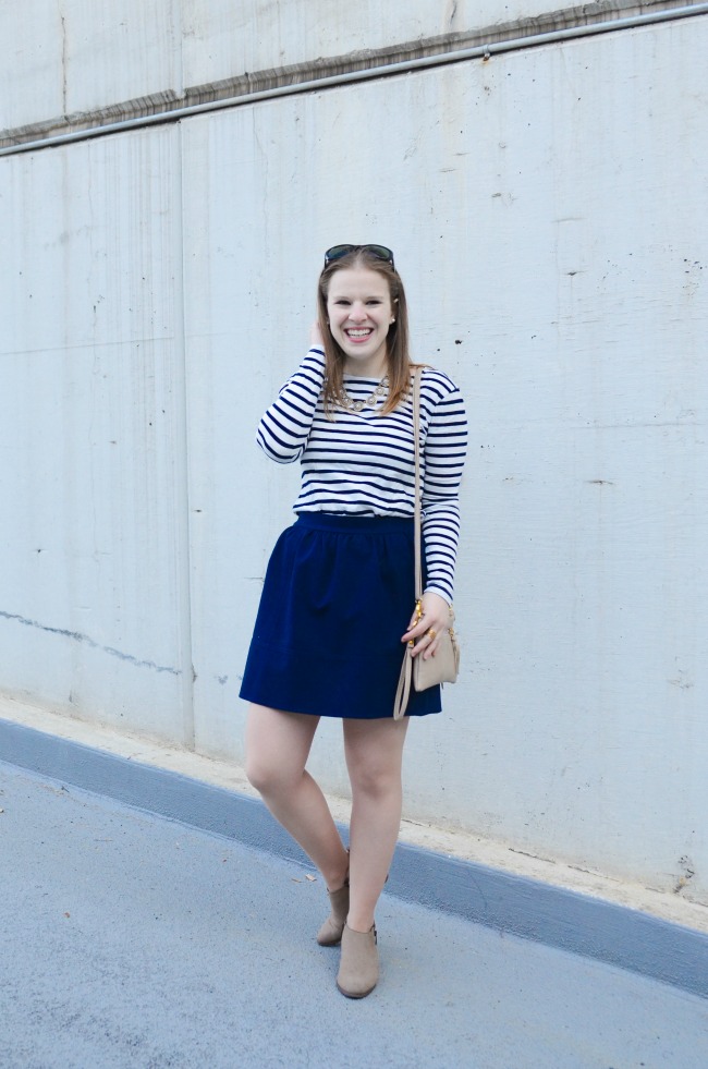 The Bow Back Top | Something Good, women, fashion, clothing, style, clothes, madewell skirt, skirt, striped top, bow back, j.crew factory necklace, j.crew, franco sarto, ankle boot, bootie, holiday, holiday party outfit, christmas party, outfit, women's fashion, navy striped shirt