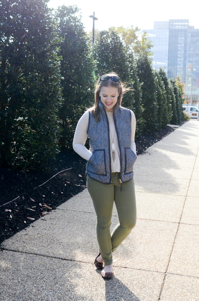 The J.Crew Factory Vest | Something Good, green pants, army green jeans, denim