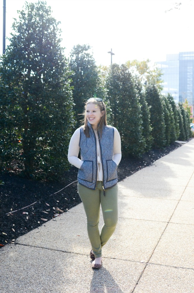 The J.Crew Factory Vest | Something Good, women, fashion, style, clothing, clothes, winter fashion, winter style, j.crew factory quilted puffer vest, old navy army green denim, old navy peplum, long sleeve peplum, leopard flats, target style, kendra scott necklace