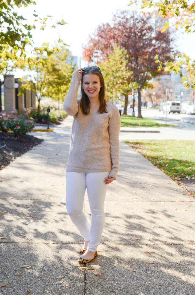 The White Jeans in the Winter | Something Good, womens, fashion, clothing, style, clothes, winter, white denim, jeans, old navy marled v neck tunic sweater, leopard flats, d'orsay flats, how to wear white jeans in the winter, winter white