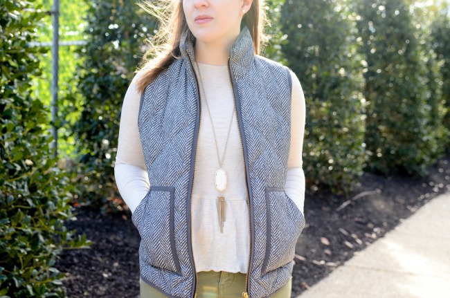 The J.Crew Factory Vest | Something Good, tan long sleeve peplum, kendra scott rayne necklace, kendra scott necklace, jewelry