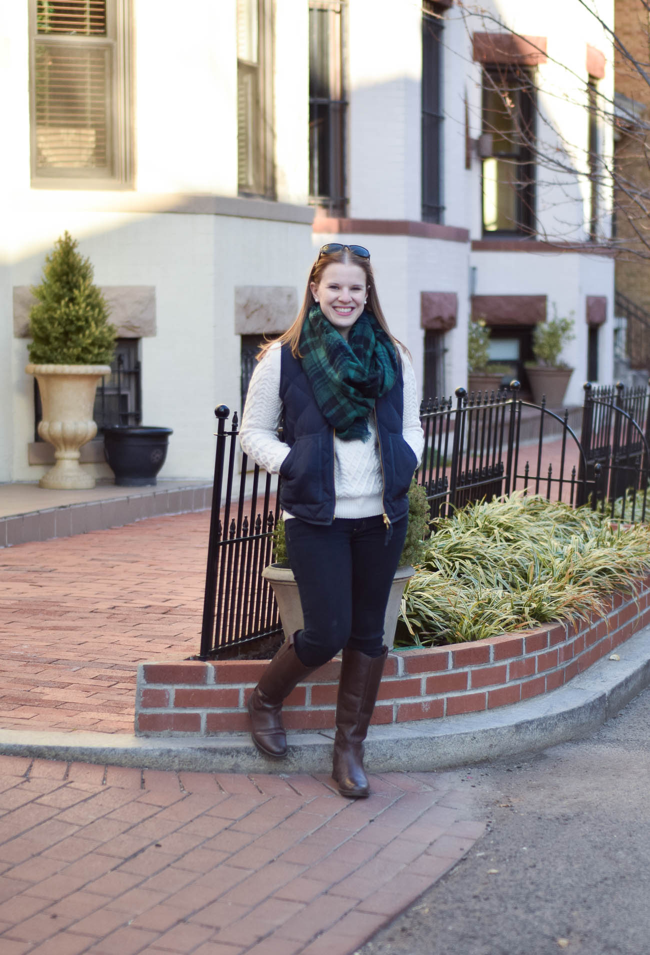 DC woman blogger wearing plaid scarf