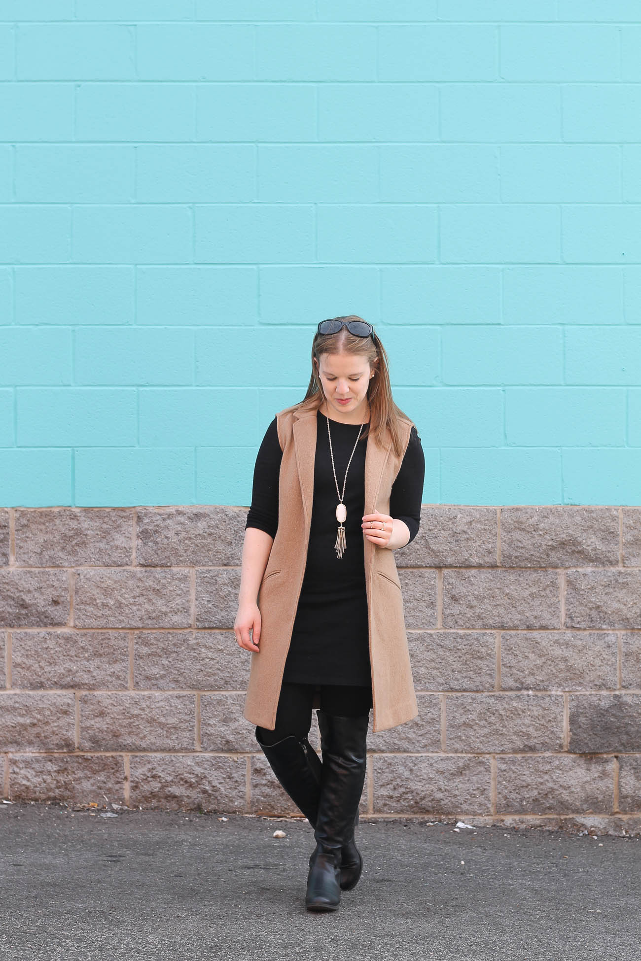 The Little Black Work Dress | Something Good, women, fashion, clothing, style, clothes, little black dress, camel sleeveless trench, gap vest, old navy dress, over the knee boots, black leather boots, kendra scott necklace, work outfit, fall outfit