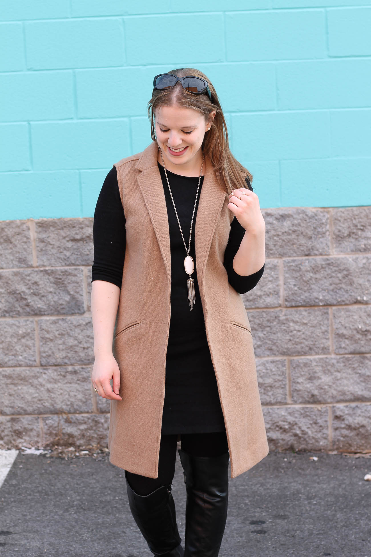 The Little Black Work Dress | Something Good, women, fashion, clothing, style, clothes, little black dress, camel sleeveless trench, gap vest, old navy dress, over the knee boots, black leather boots, kendra scott necklace, work outfit, fall outfit