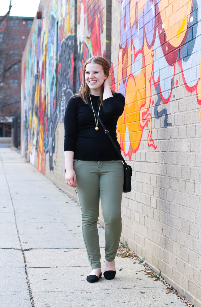 The Army Green Jeans | Something Good, women, fashion, clothing, style, clothes, fall fashion, spring fashion, green denim, old navy, j.crew factory, cotton crew neck sweater, gold necklace, target d'orsay flats, merona flats, everyday style