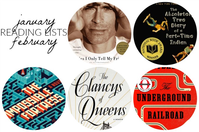 Sunday Book Club: January and February Reading Lists | Something Good, The Underground Railroad by Colson Whitehead, The Absolutely True Diary of a Part-Time Indian by Sherman Alexie, The Impossible Fortress by Jason Rekulak, The Clancys of Queens by Tara Clancy, Stories I Only Tell My Friends by Rob Lowe 