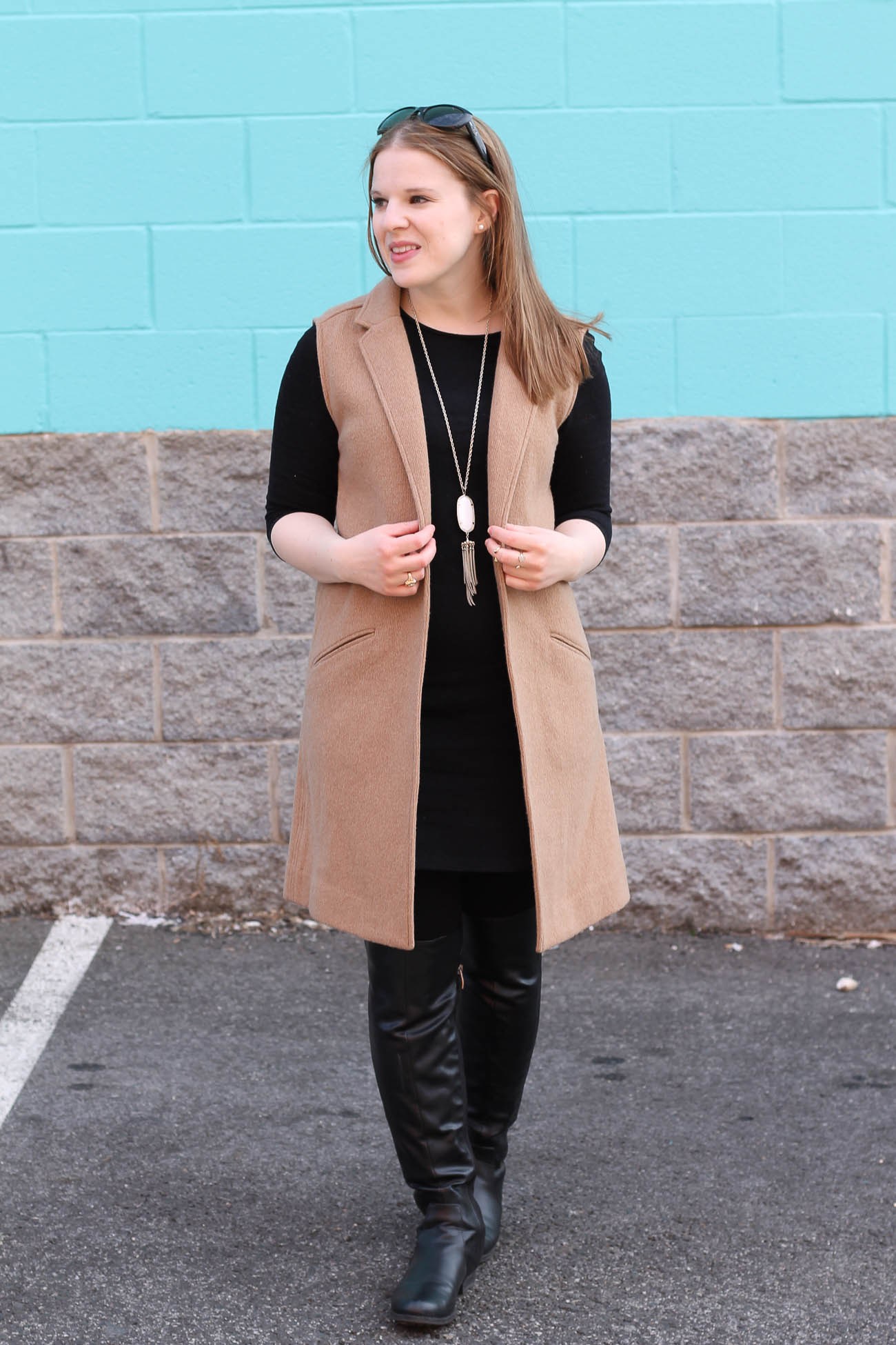 The Little Black Work Dress | Something Good, women, fashion, clothing, style, clothes, little black dress, camel sleeveless trench, gap vest, old navy dress, over the knee boots, black leather boots, kendra scott necklace, work outfit, fall outfit