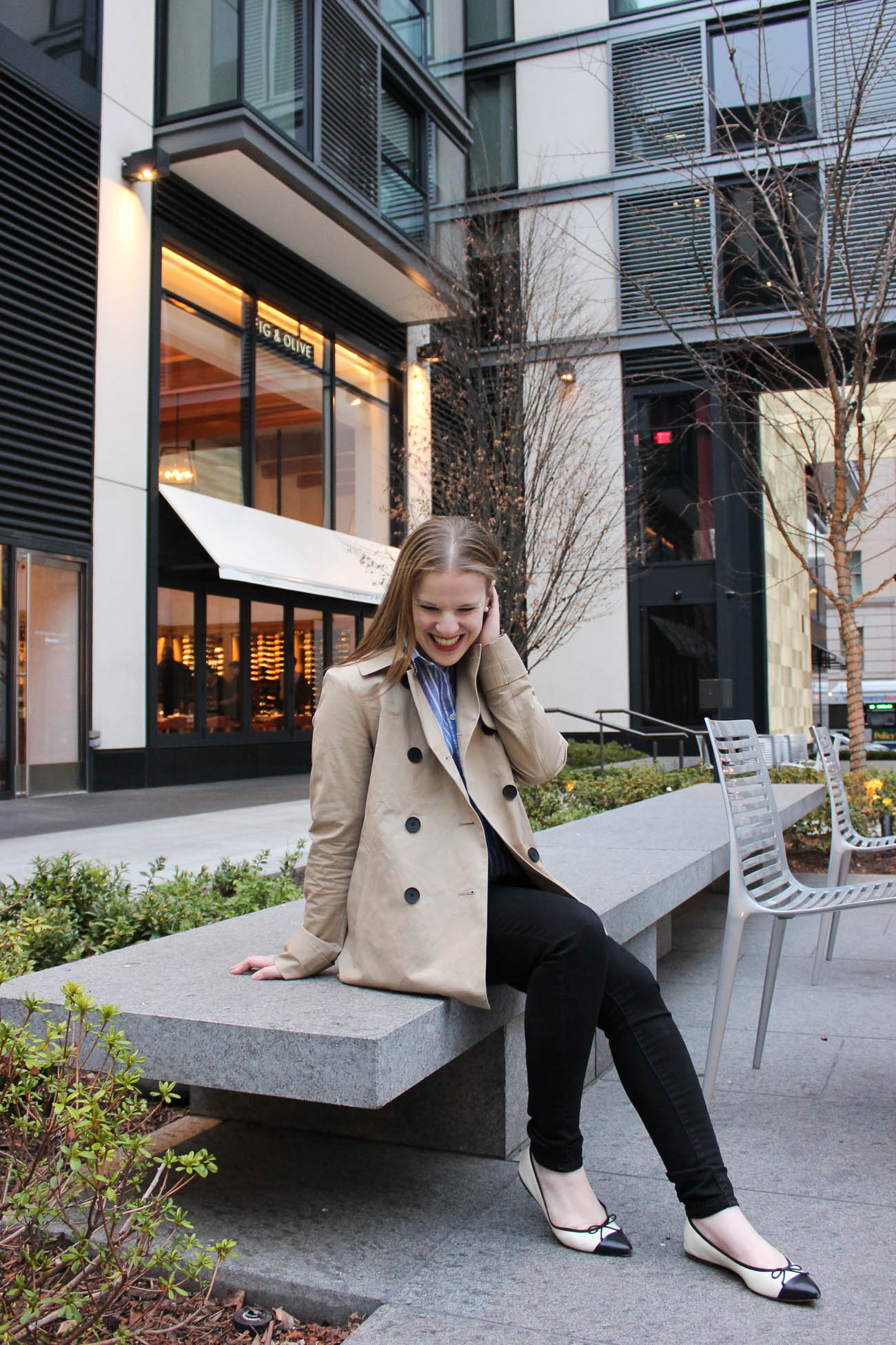 The Everlane Swing Trench | Something Good, old navy rockstar denim, sculpt denim, j.crew cap toe ballet flats, ballet flats, j.crew factory striped popover, j.crew striped button up, women, clothing, fashion, style, clothes, work outfit, jeans, pants, ballet flats, trench, button up shirt, work appropriate, work styles, fall fashion, 