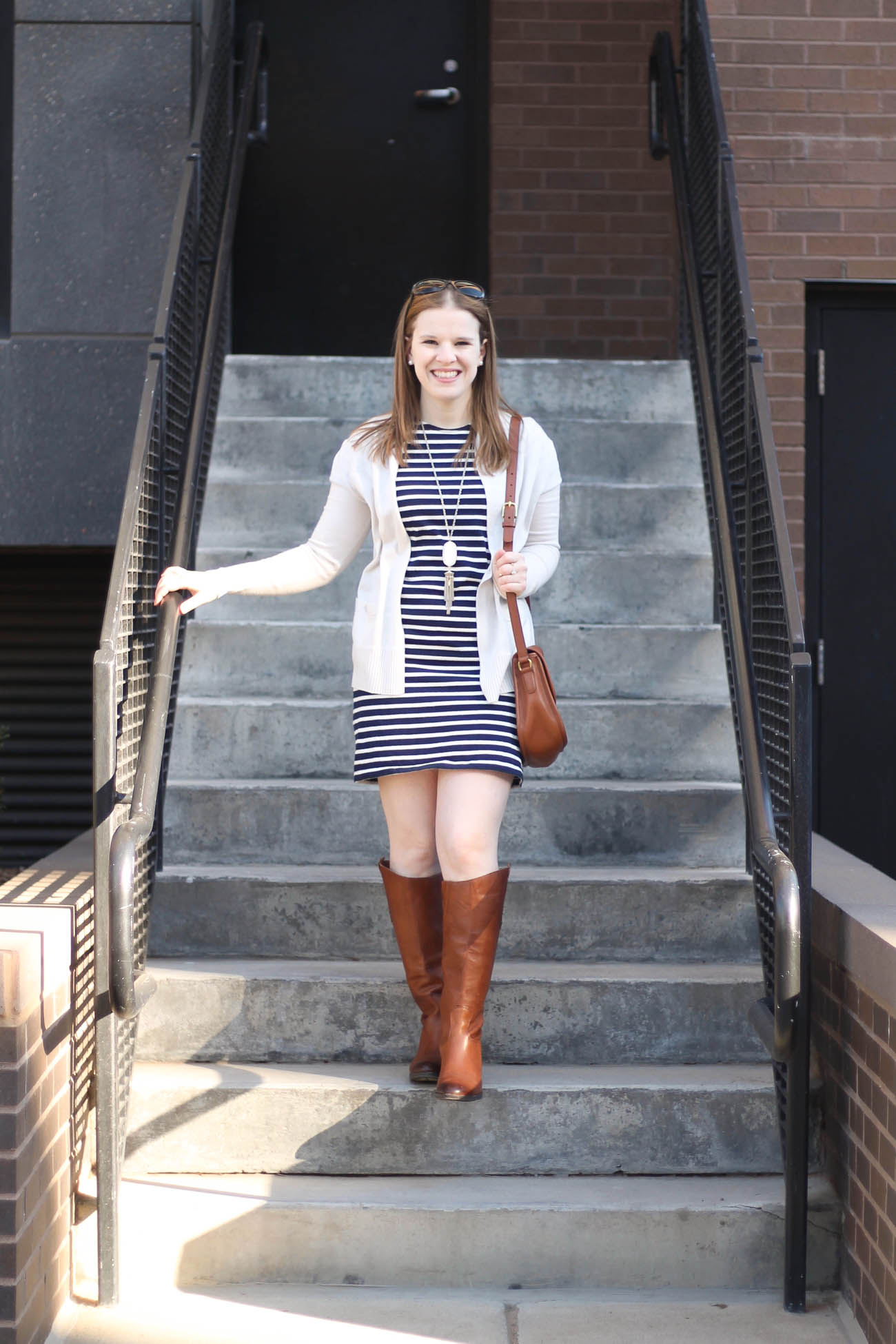 The Everlane Tee Dress | Something Good, @danaerinw, women, fashion, clothing, style, clothes, spring fashion, spring outfit, tee dress, everlane, striped tee dress, cognac boots, sam edelman, long sweater, cardigan, saddle bag