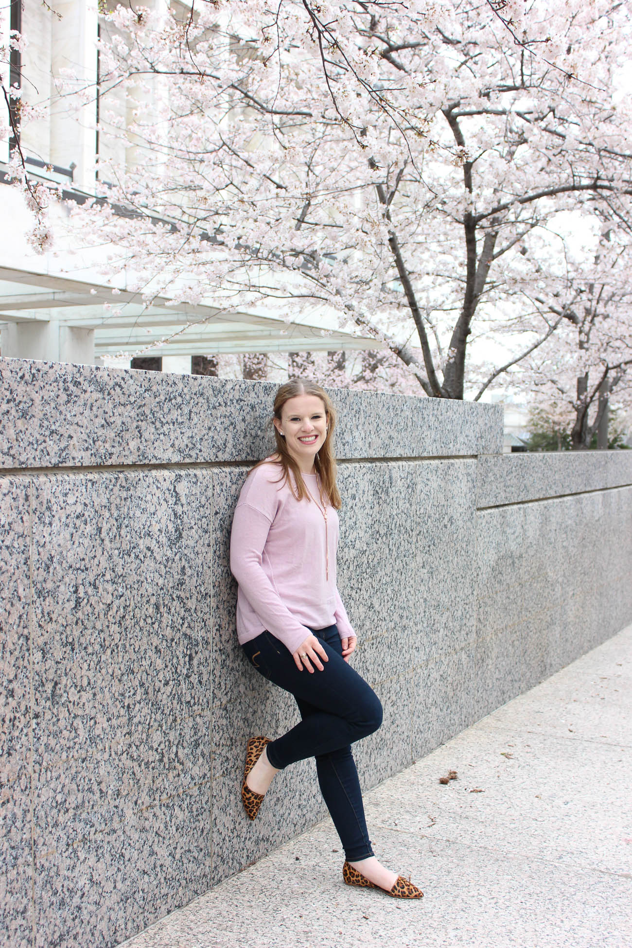 The Cherry Blossoms Outfit | Something Good, @danaerinw, women, fashion, clothing, style, clothes, dolman sleeve sweater, pink sweater, leopard print flats. J.Crew Factory flats, J.Crew d'orsay flats, skinny jeans, denim, jeggings, spring outfits