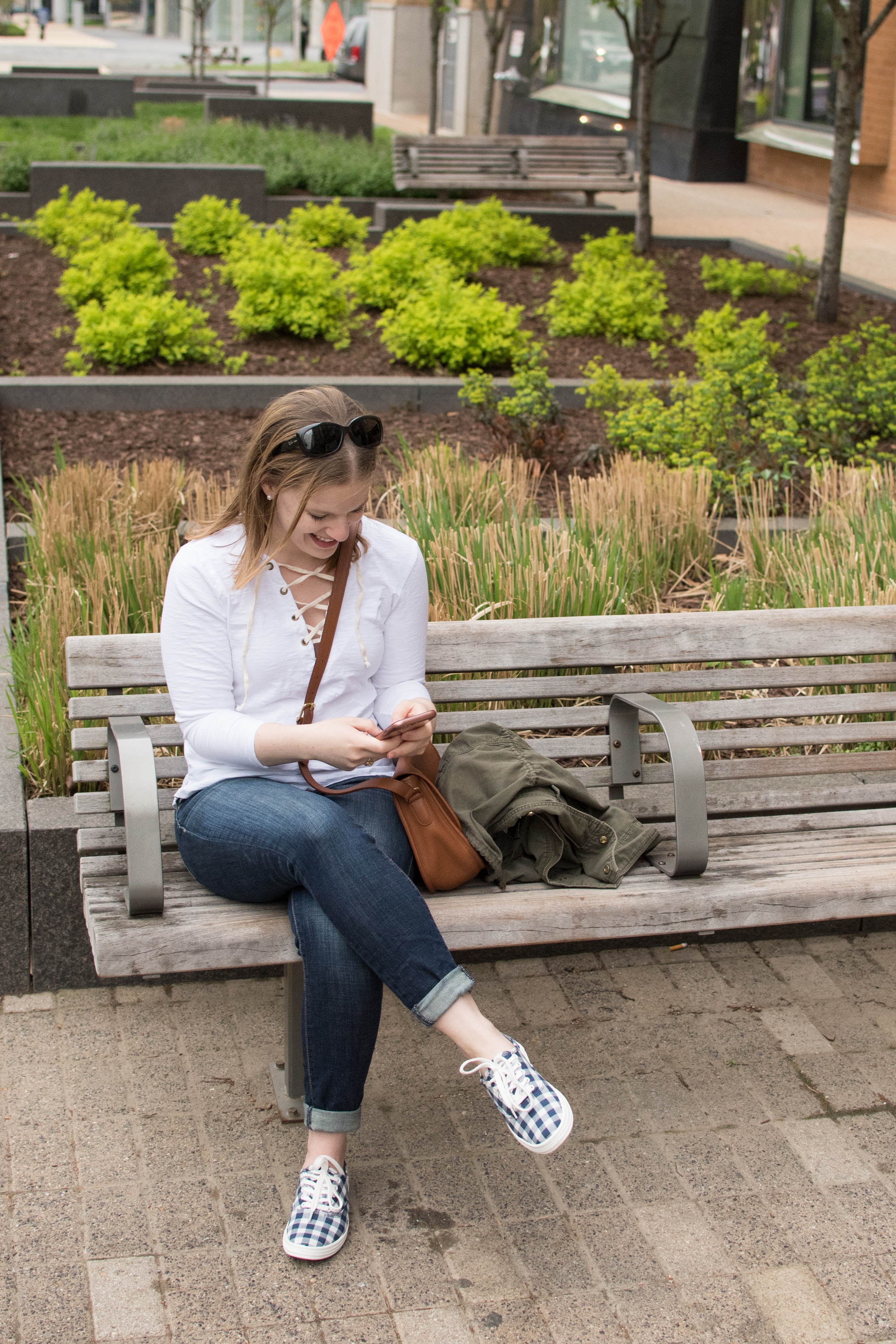 The Gingham Tennis Shoes | Something Good, @danaerinw spring fashion, jeans, jeggings , plain white tee, lace up top