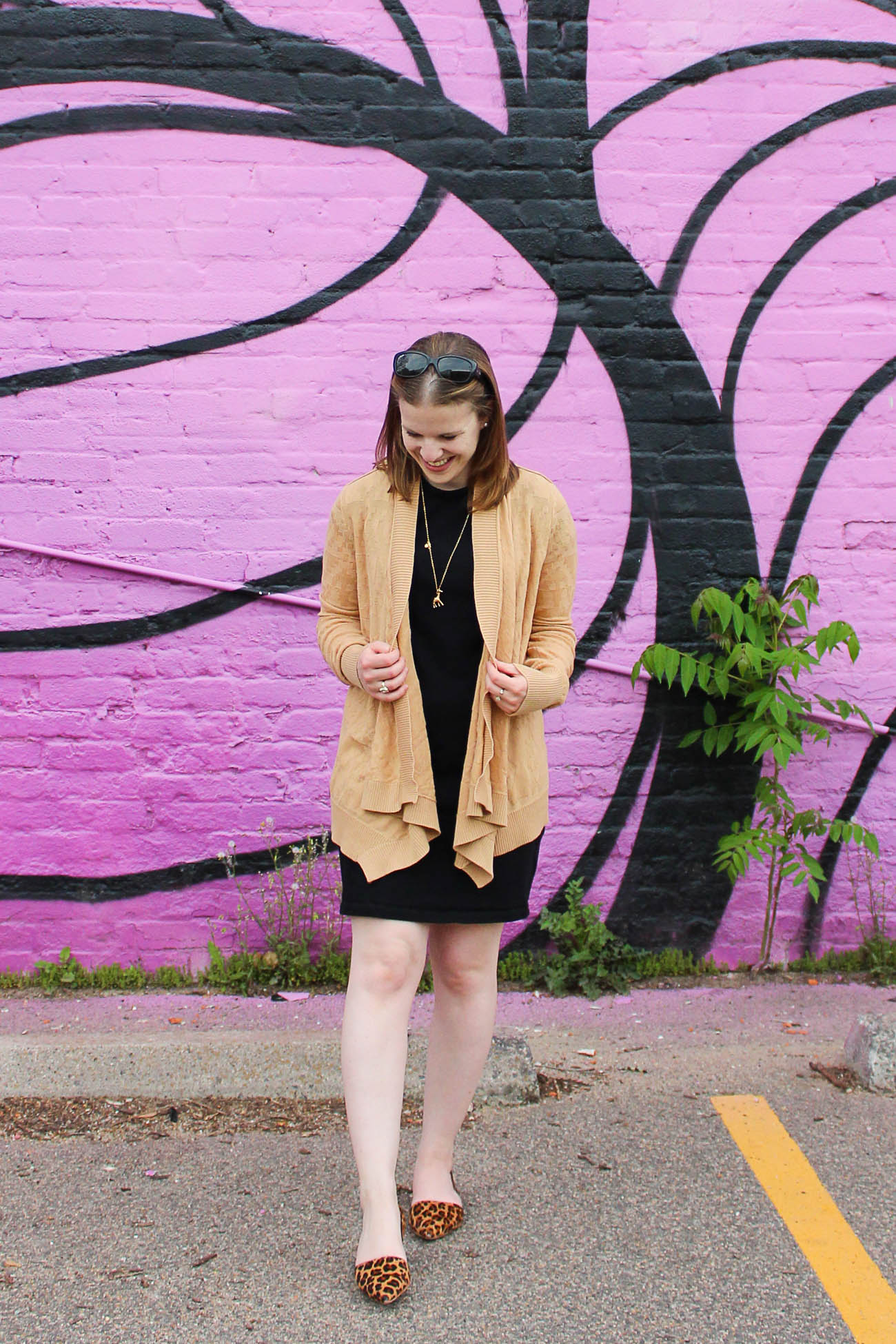 The Camel Cardigan | Something Good, @danaerinw leopard d'orsay flats, d'orsay, women's fashion, style, black tee dress, camel cardigan