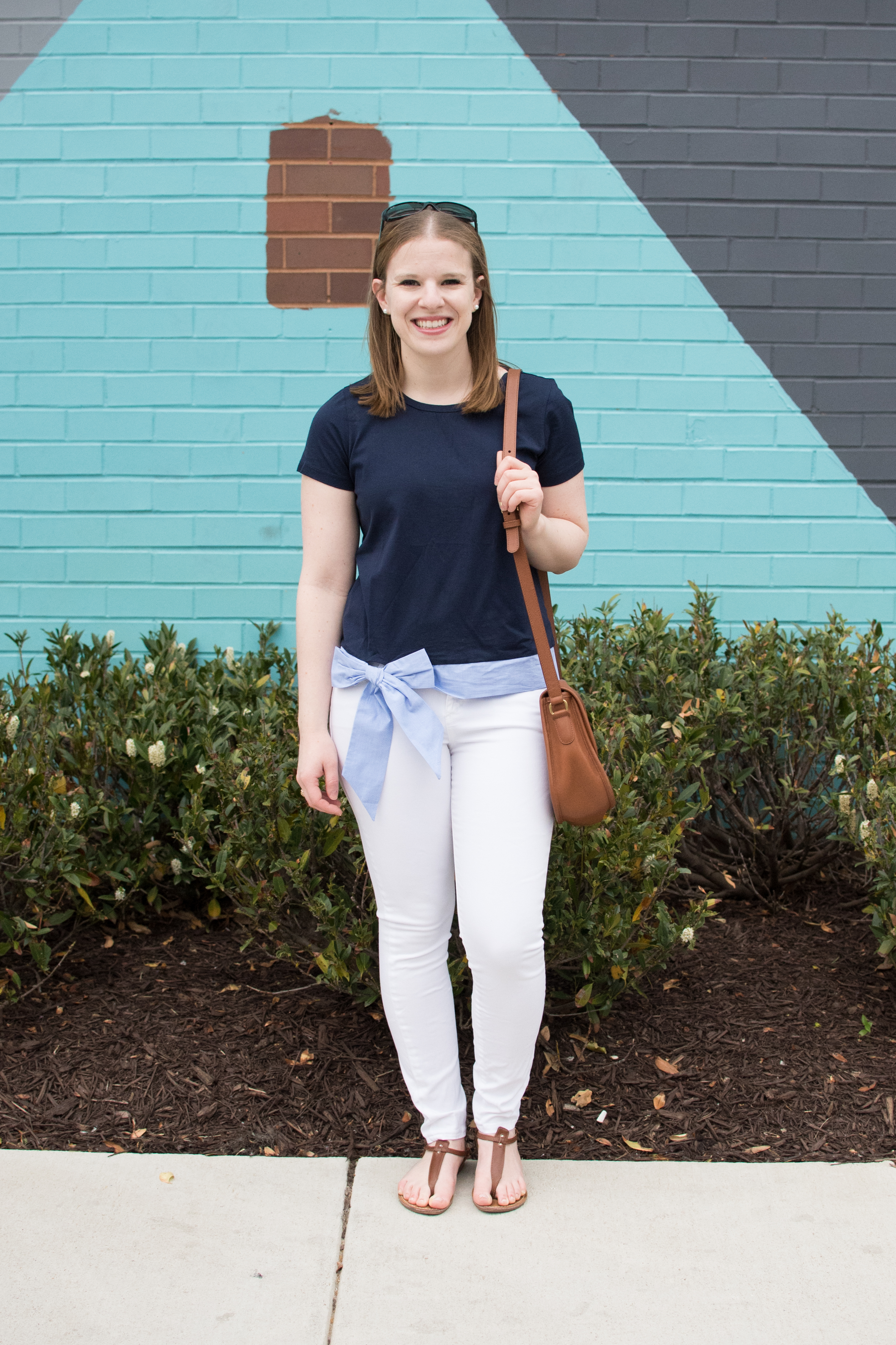 The Side Tie Tee | Something Good, @danaerinw women, fashion, clothing, style, clothes, women's fashion, white denim, white jeans, j.crew side tie tee, t strap sandals, navy top, crossbody bag, saddle bag, coach, joe's jeans, spring style, how to style white jeans