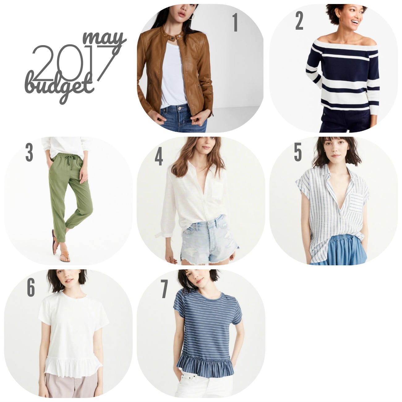 May 2017 Budget | Something Good, J.Crew Factory Edie Leather Loafers Express Double Peplum Minus the Leather Jacket Abercrombie and Fitch Cotton Shirt, White Stripe, XS, Abercrombie and Fitch Tie Sleeve Shirt, XS, J.Crew Off-The-Shoulder Striped Sweater, XS Abercrombie and Fitch Short-Sleeve Peplum Tee (Stripe), XS, Abercrombie and Fitch Short-Sleeve Peplum Tee (White), XS, J.Crew Seaside Pants