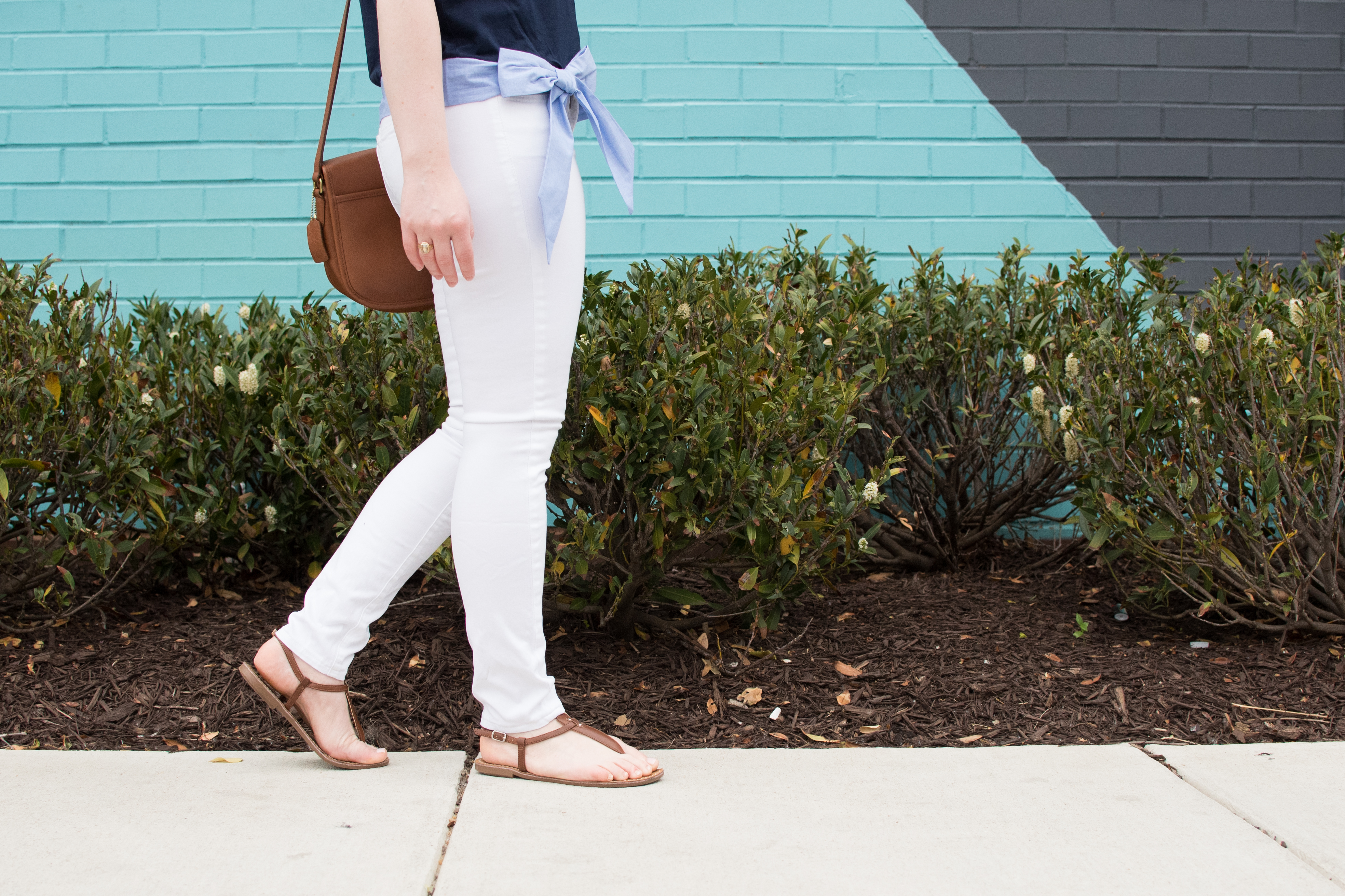 The Side Tie Tee | Something Good, @danaerinw , t strap sandal, white skinny jeaans