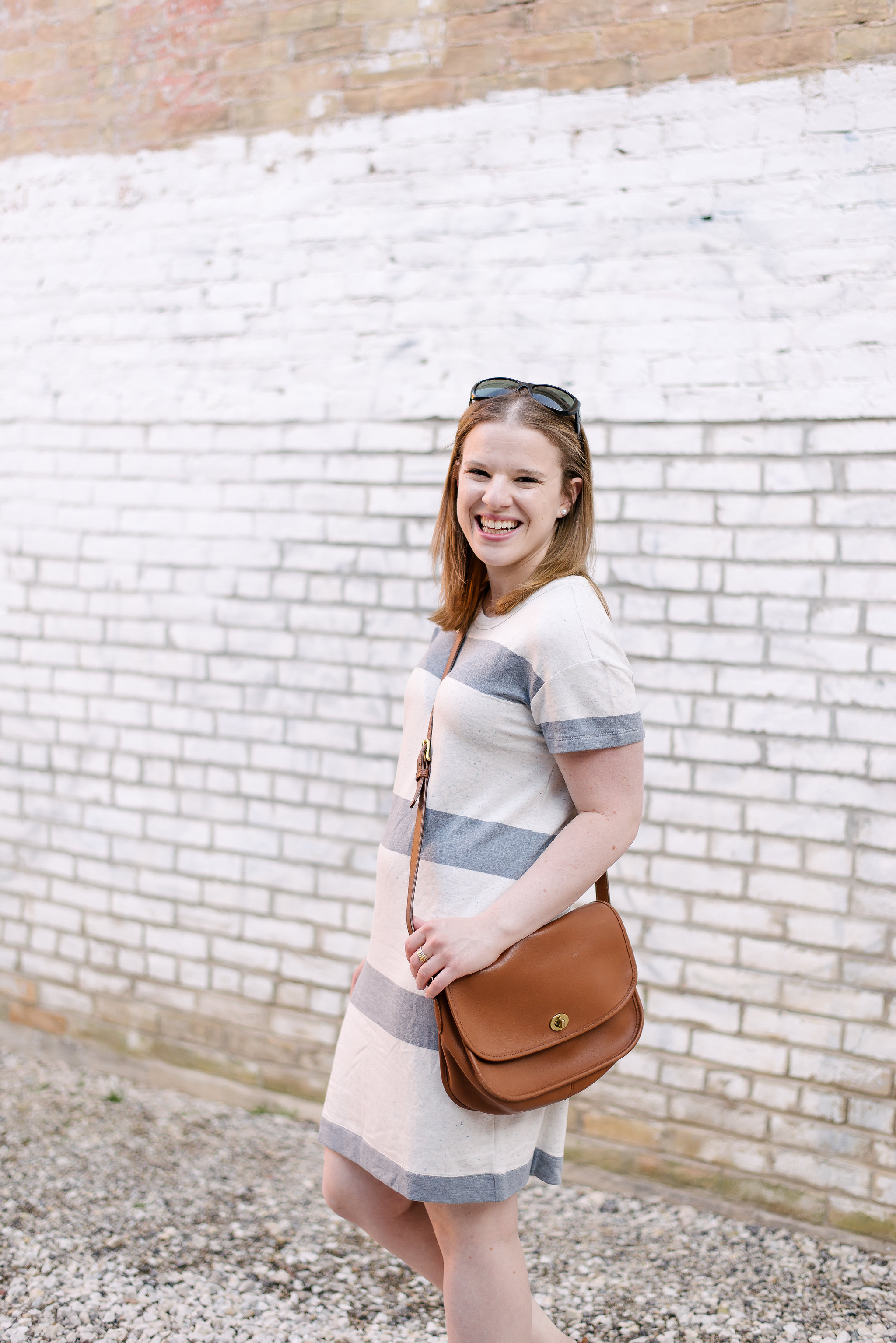 The Striped Tee Dress | Something Good, @danaerinw , women, fashion, clothing, style, clothes, spring style, summer fashion, tee dress, shirt dress, shirtdress, t-shirt dress, striped dress, gray and white dress, lou & grey, loft, dress, crossbody bag, clothing, clothes