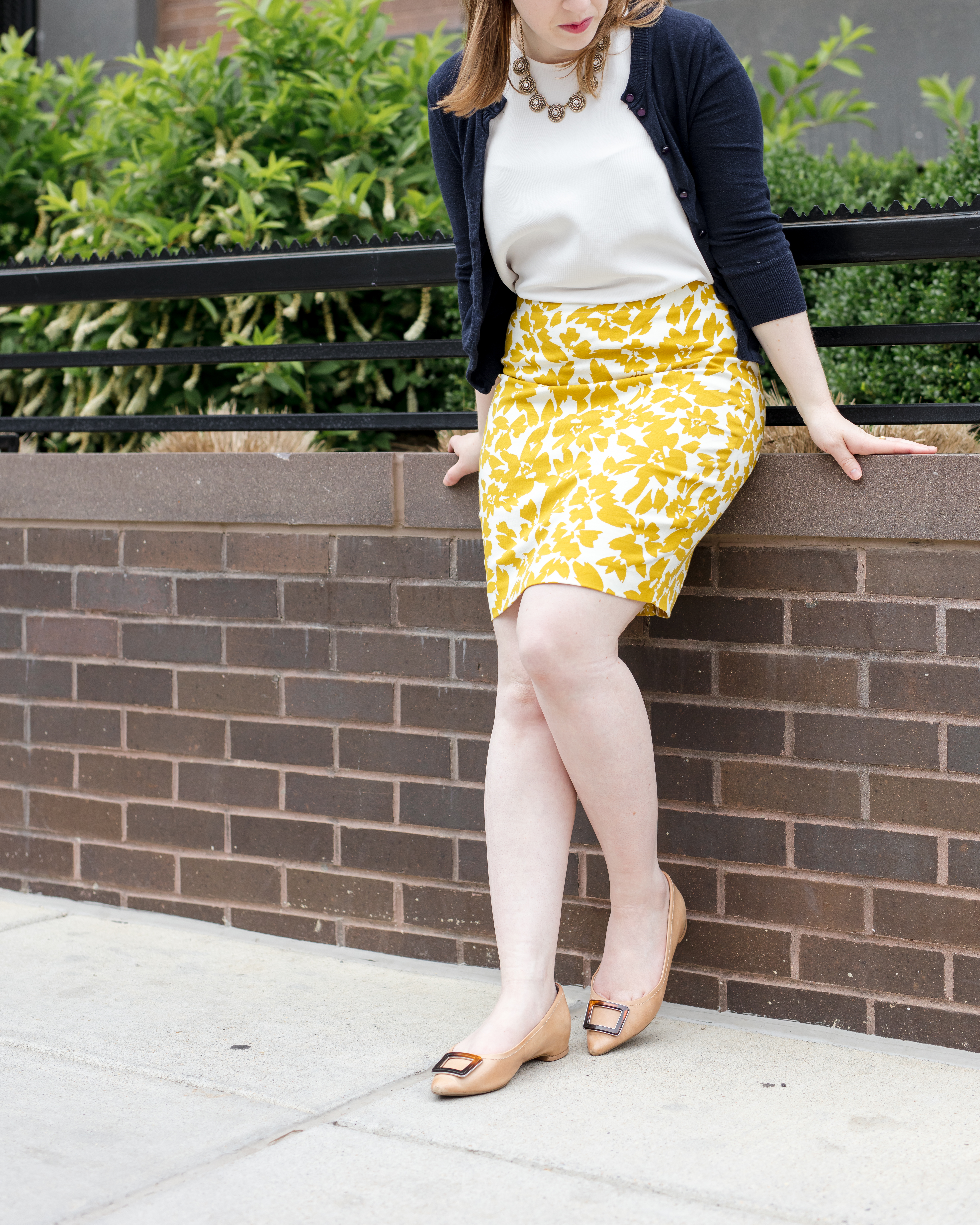 The Floral Pencil Skirt | Something Good, @danaerinw , women, fashion, skirts, work wear, shoes, rockport total motion buckle flats, yellow skirt, white tank