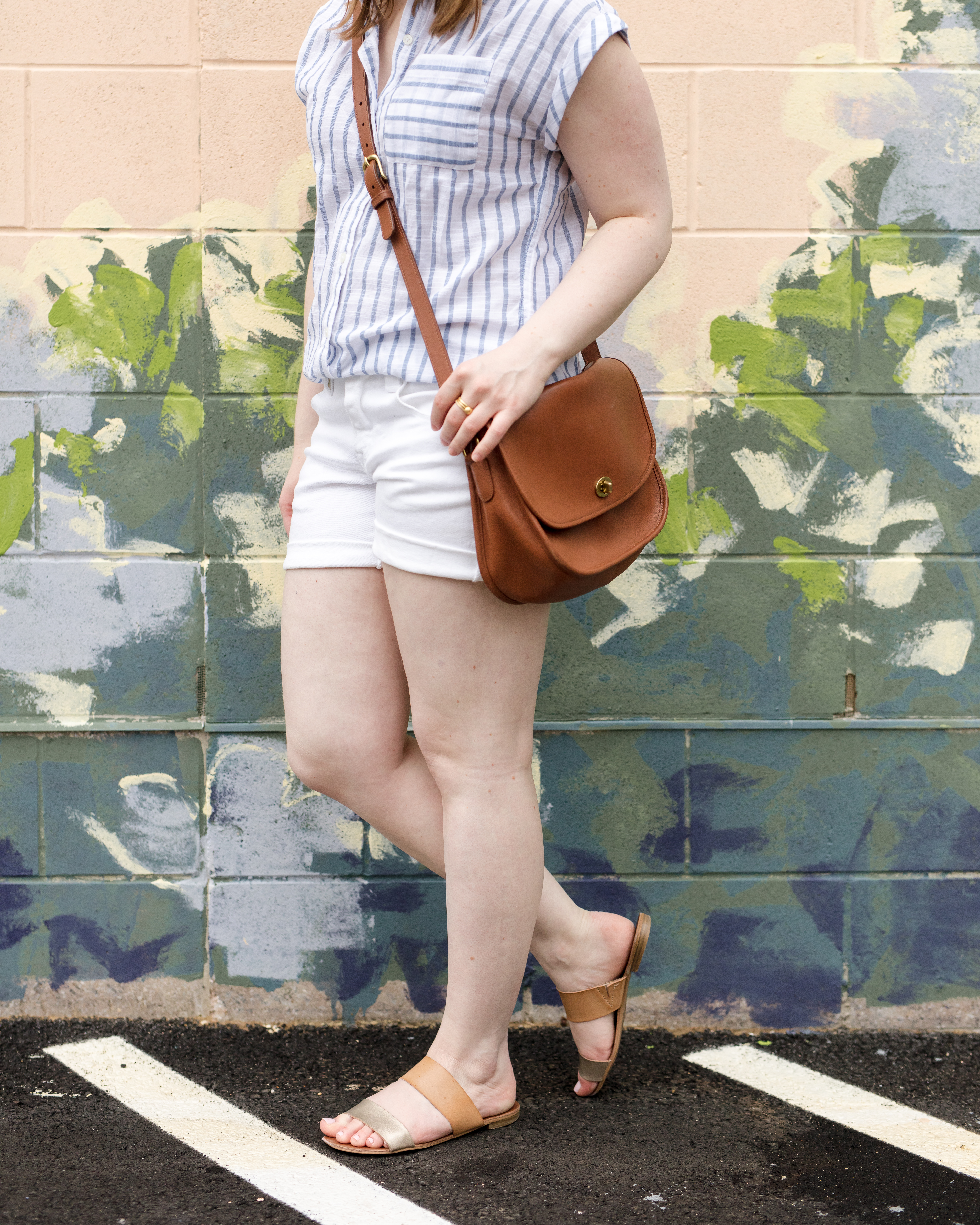 The Striped Blue Button Up_Something Good, @danaerinw , 4th of july outfit, july 4th outfits, july fourth outfits, j.crew white shorts, j.rew factory white shorts, slide sandals, two strap sandals, gold sandals, coach city classic bag