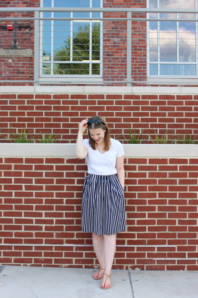DC woman blogger wearing J.Crew Factory striped midi skirt