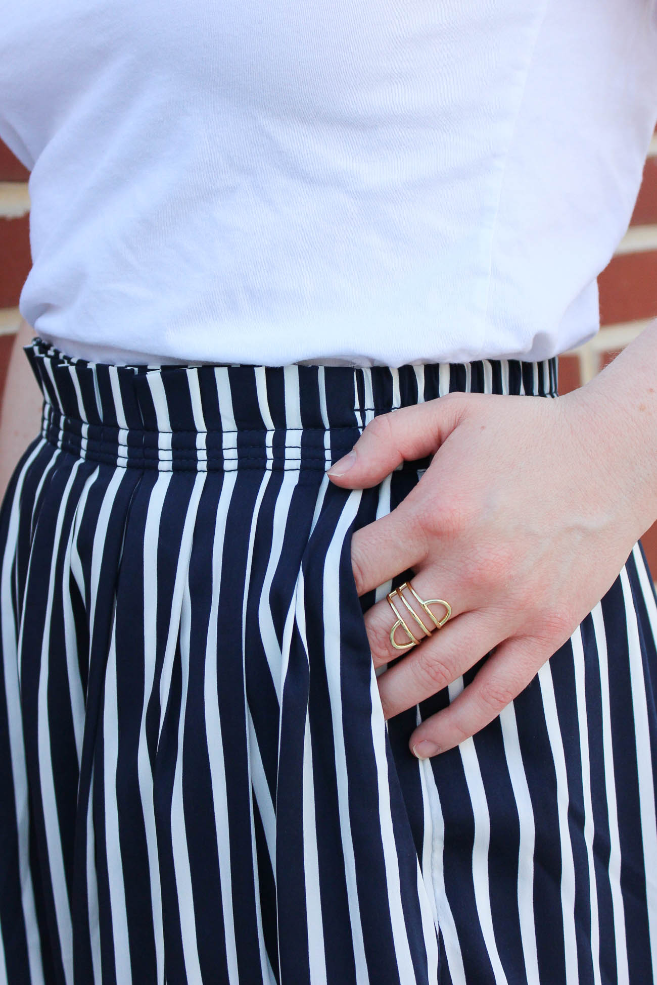 How to Not Make Stupid Mistakes During Major Sales | Something Good, @danaerinw, madewell ring, rings, open ring, half circle ring, striped skirt, navy stripes, horizontal striped skirt