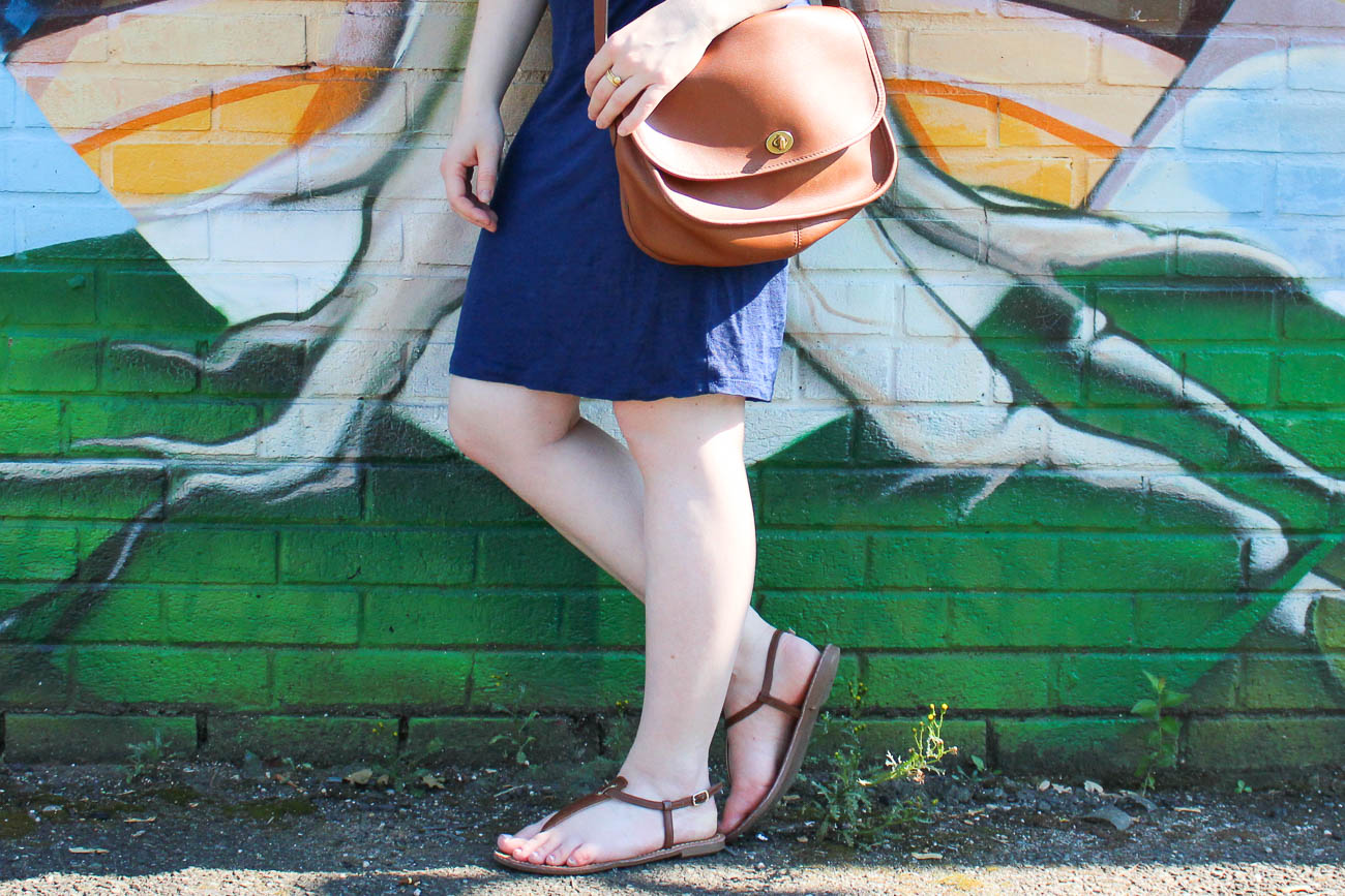 Surviving Summer Heat With A Linen Tank Dress | Something Good, @danaerinw , t strap sandal, cognac sandals, brown sandals, summer fashion