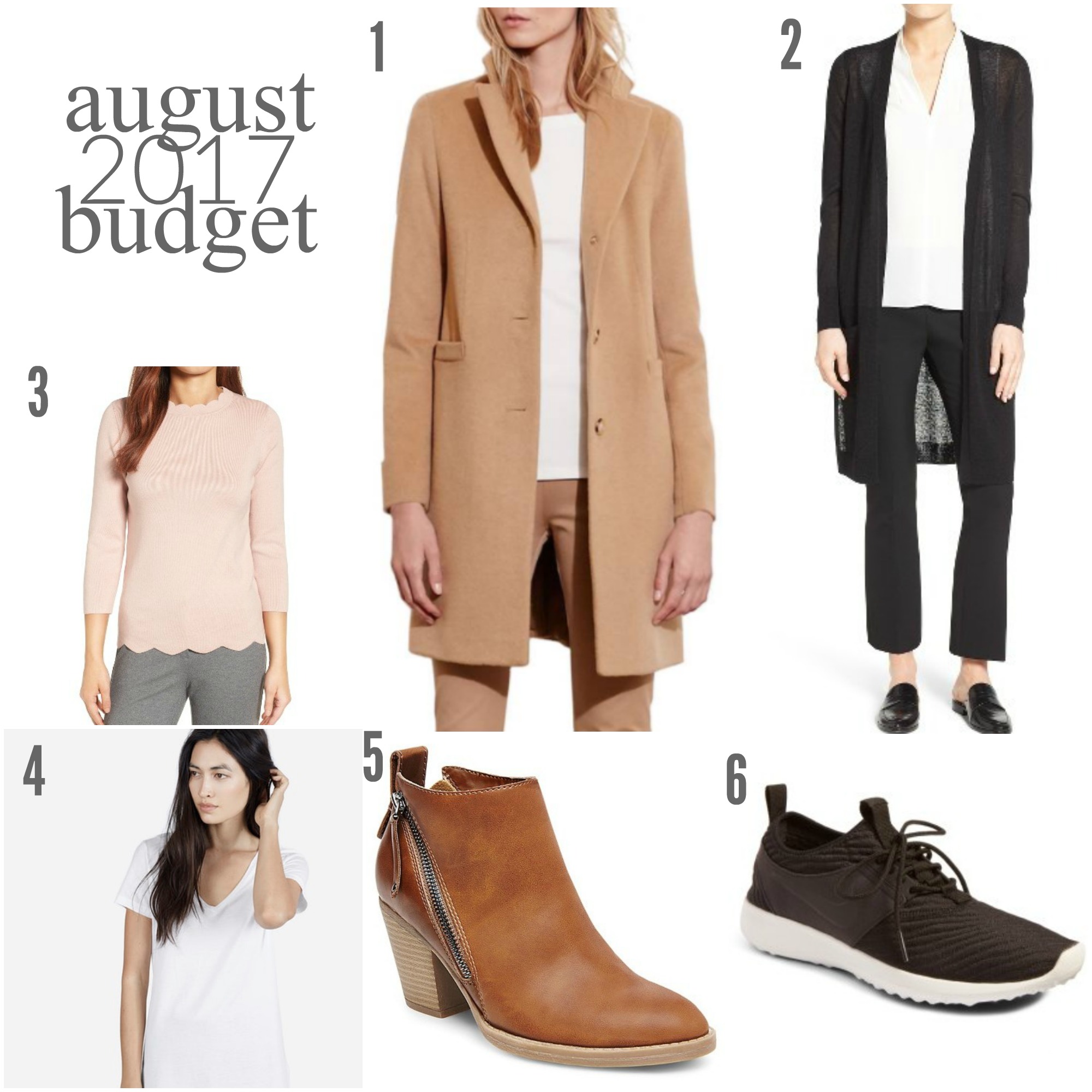 August 2017 Budget | Something Good, @danaerinw, Halogen Scallop Edge Sweater Pink Smoke Halogen® Long Linen Blend Cardigan (Pink Smoke) Lauren Ralph Lauren Wool Blend Reefer Coat Nike Juvenate SE Sneaker Everlane Cotton V (white + pink) " Women's dv Jameson Double Side Zip Booties - Cognac 6" Halogen® Long Linen Blend Cardigan (black)