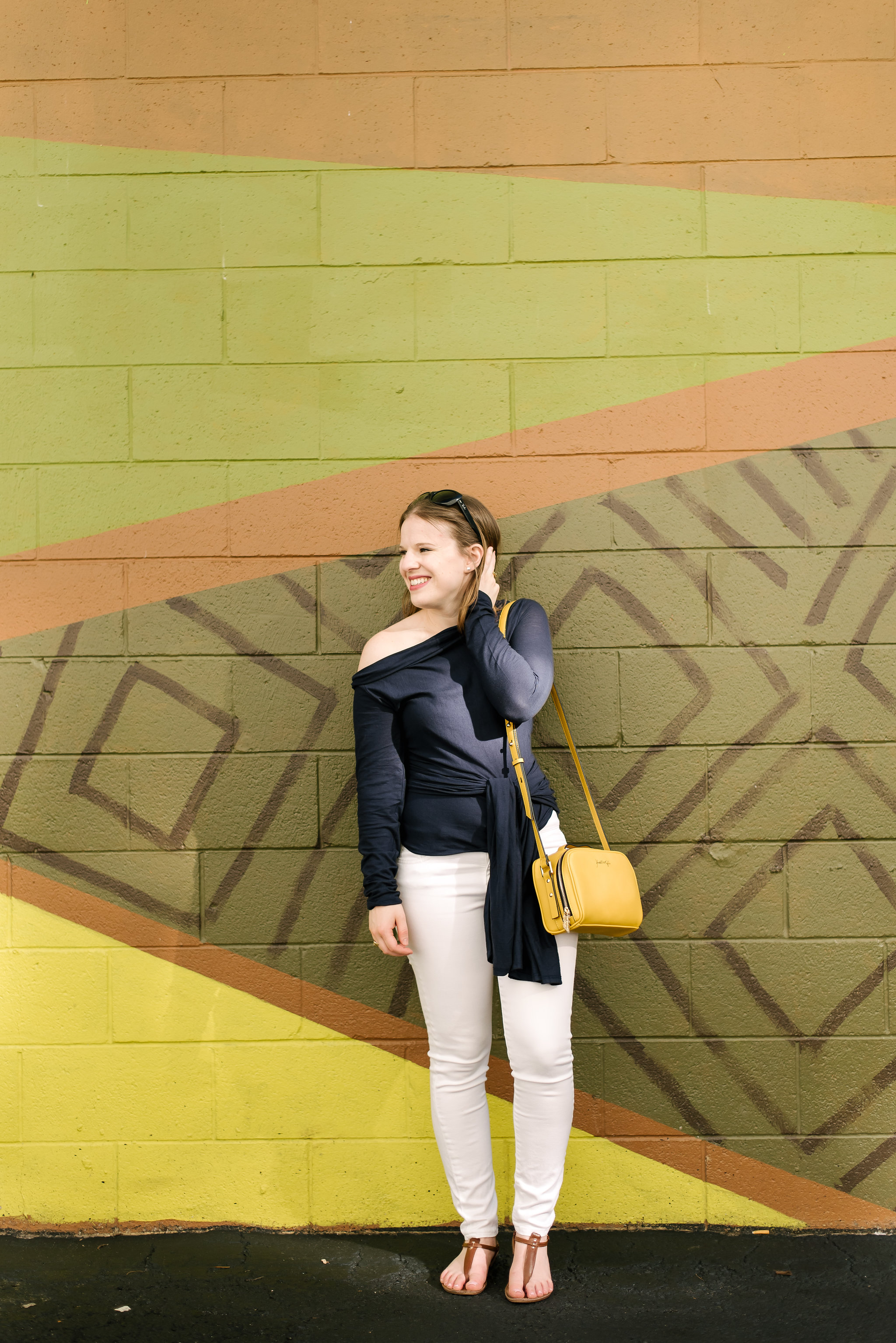 Playing with an Origami Wrap | Something Good, @danaerinw , women, fashion, clothing, style, clothes, women's fashion, fall fashion, white jeans, white denim, navy wrap top, yellow crossbody bag, sandals