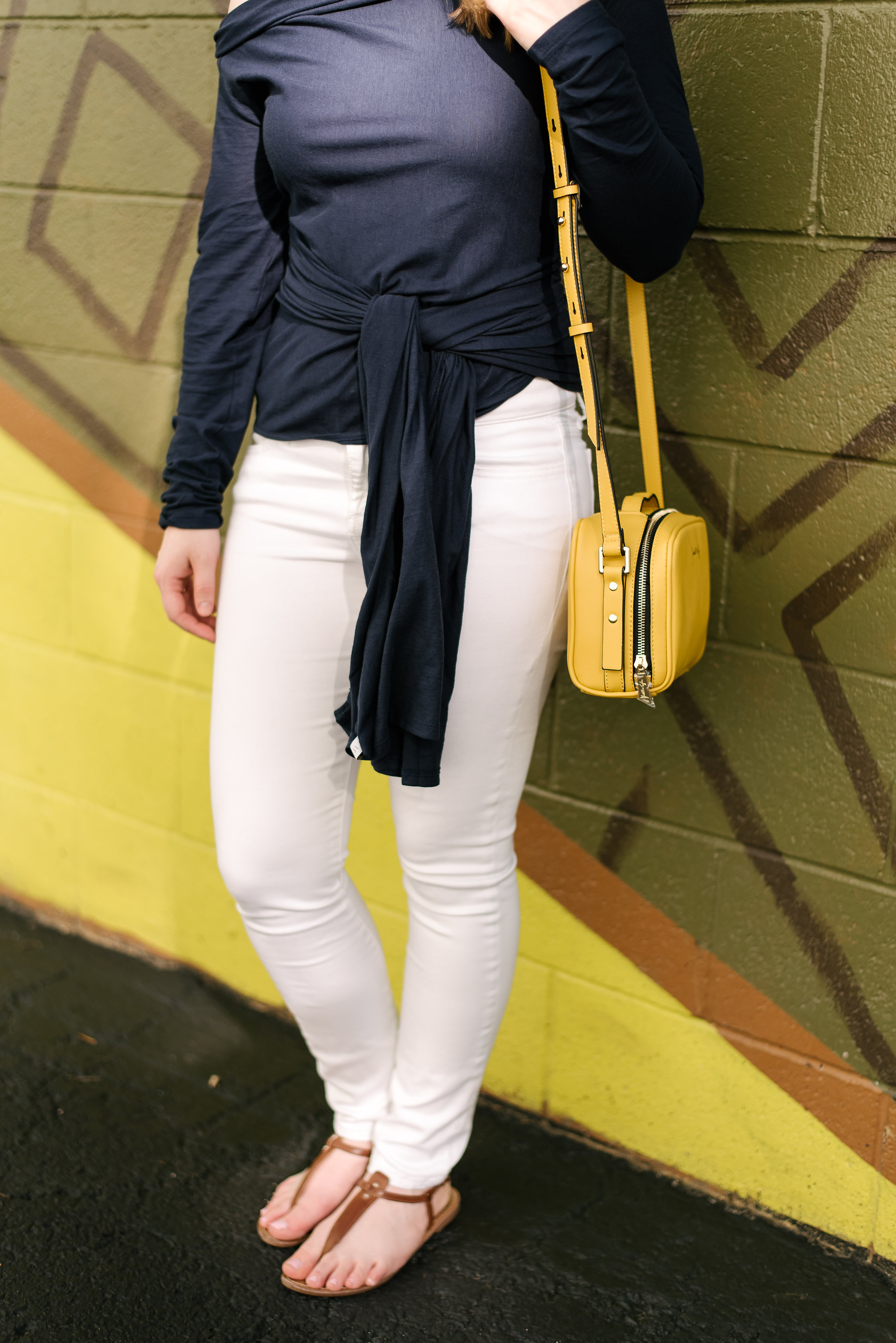 Playing with an Origami Wrap | Something Good, @danaerinw , women, fashion, clothing, style, clothes, women's fashion, fall fashion, white jeans, white denim, navy wrap top, yellow crossbody bag, sandals