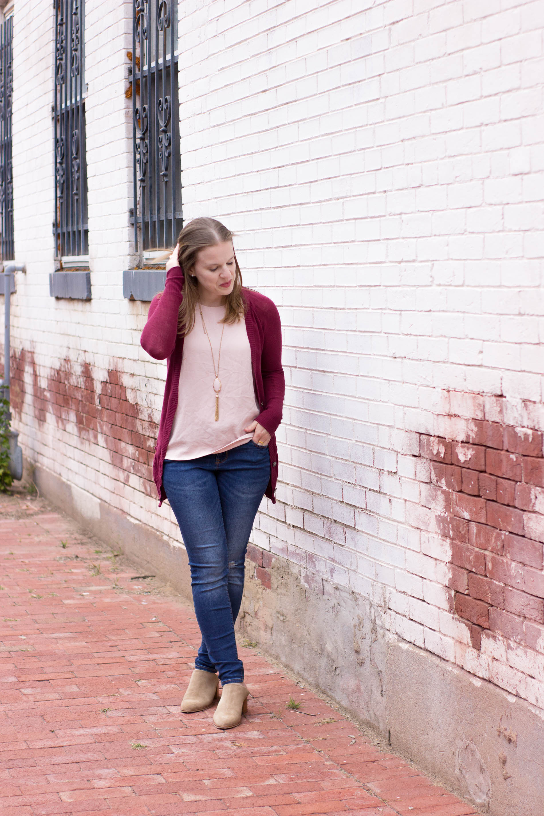 Embracing the Mules Trend | Something Good, @danaerinw , women, fashion, clothing, style, clothes, fall fashion, women's style, ripped jeans, ripped denim, pesky whipper-snapper pink, burgundy, cranberry, long cardigan, pink tank