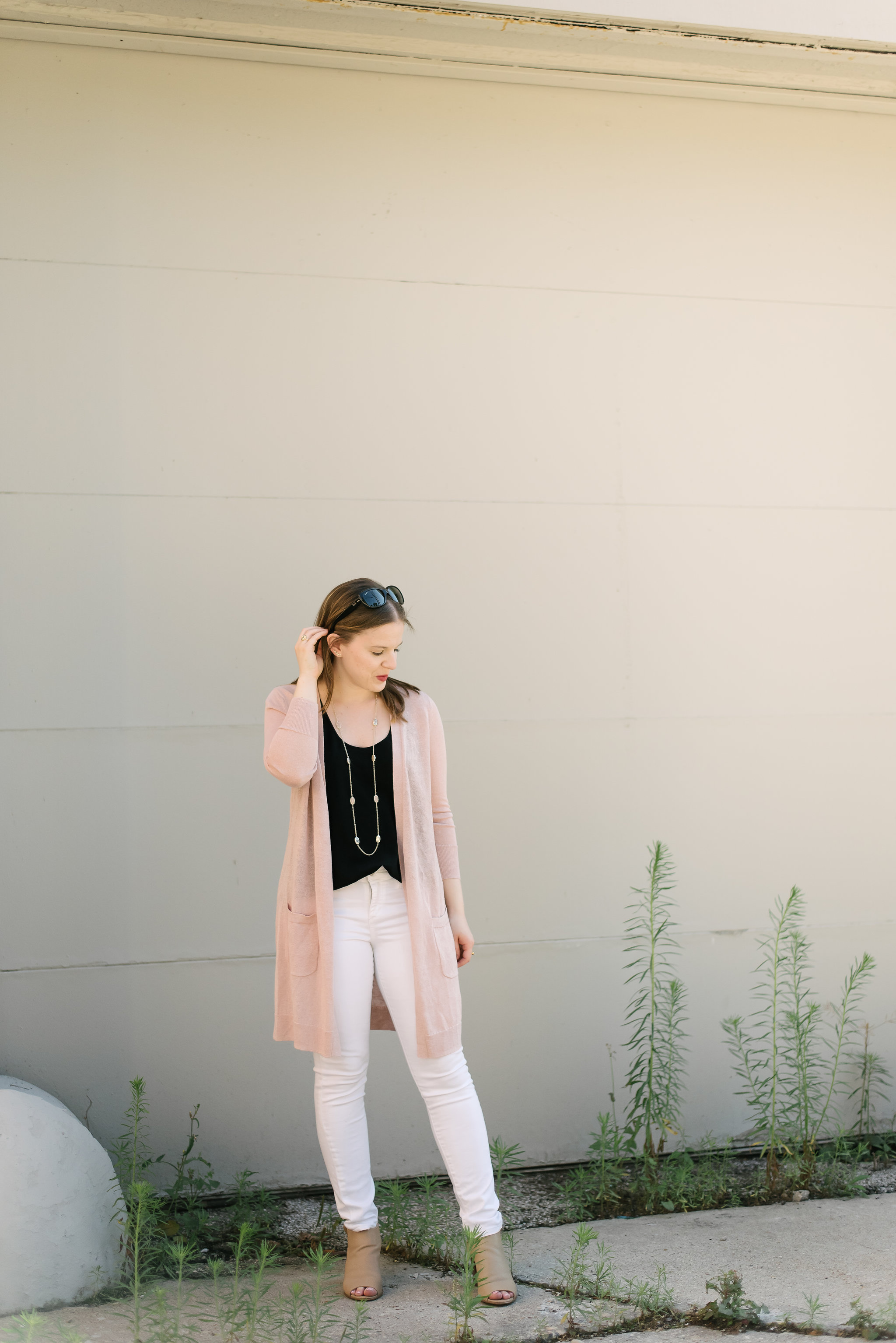 My Migraine Pain Relievers | Something Good, @Danaerinw , women's clothing, women's fashion, style, white denim, black tops, pink sweater, pink cardigan, spring outfit, ankle boots, peep toe booties