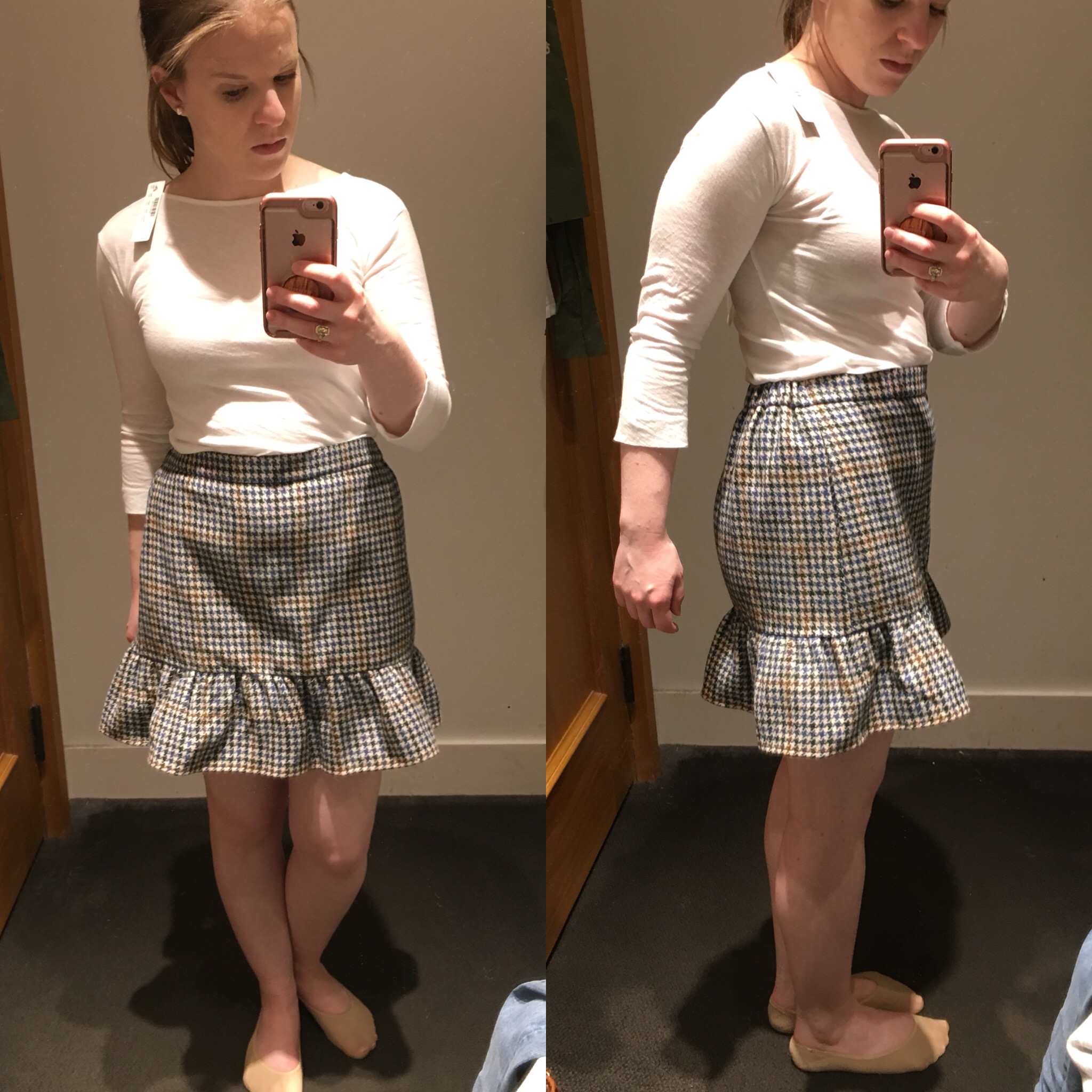 Shopping Reviews, Vol. 49: The J.Crew Dressing Room | Something Good, @danaerinw , JCrew Ruffle mini skirt in houndstooth_Something Good