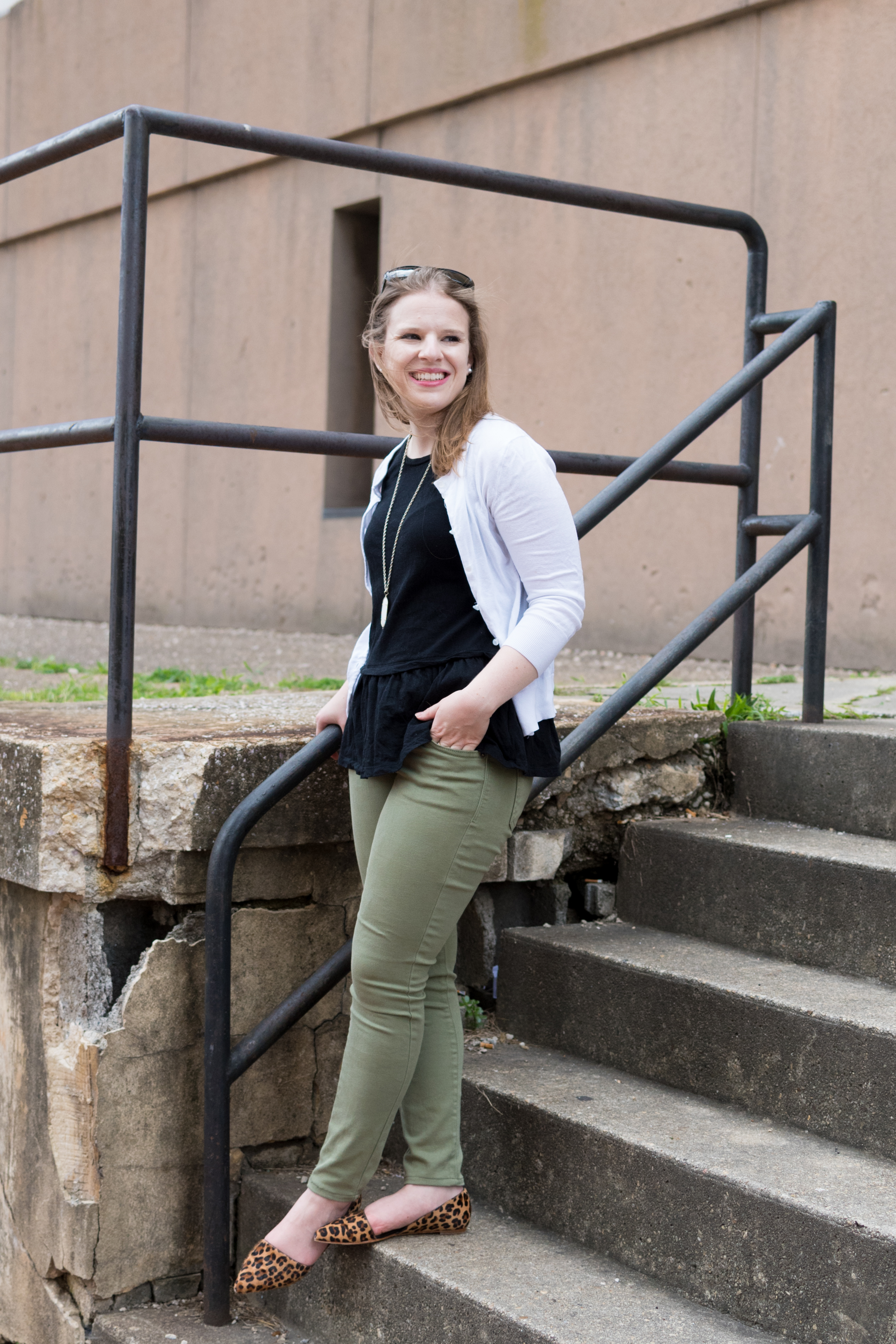 What to Wear to a Friendsgiving, Part 2 | Something Good, @danaerinw, thanksgiving, women's fashion, clothing, style, clothes, green jeans, army green denim, leopard print flats, white cardigan, peplum tee, peplum top, black top, black peplum, j.crew card