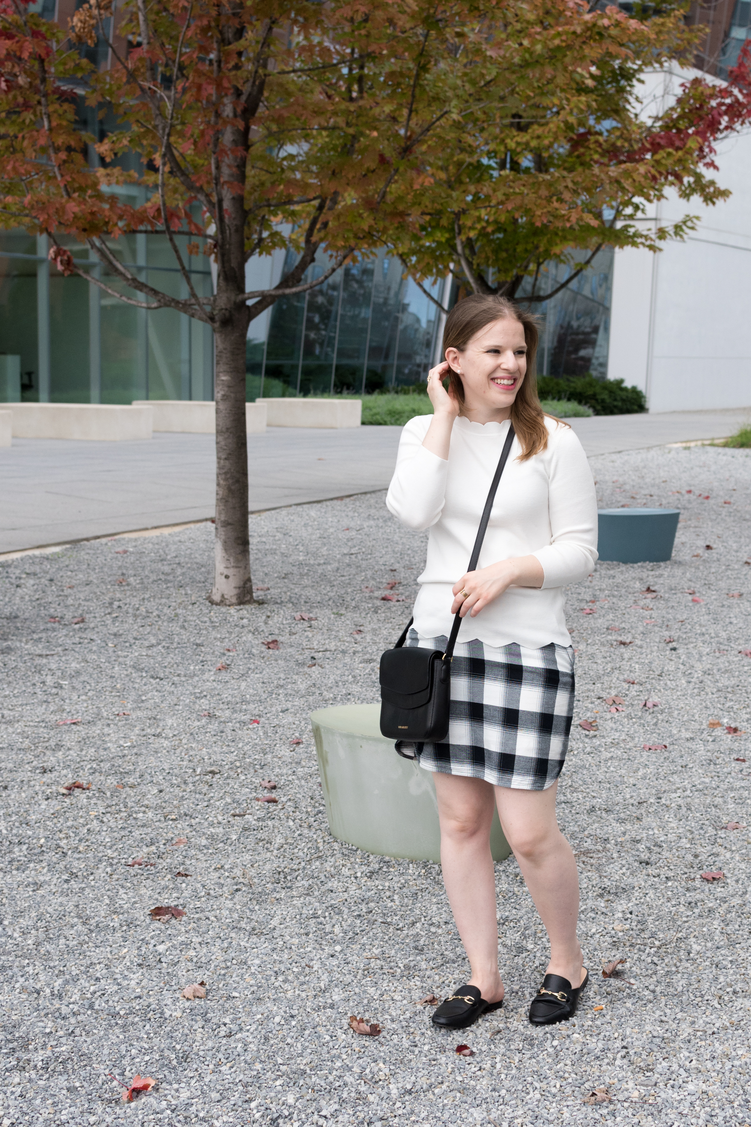 It's Finally Plaid Season | Something Good, @danaerinw , women, fashion, clothing, style, clothes, women's clothing, plaid mini skirt, buffalo plaid skirt, black mules, white sweater, black crossbody bag