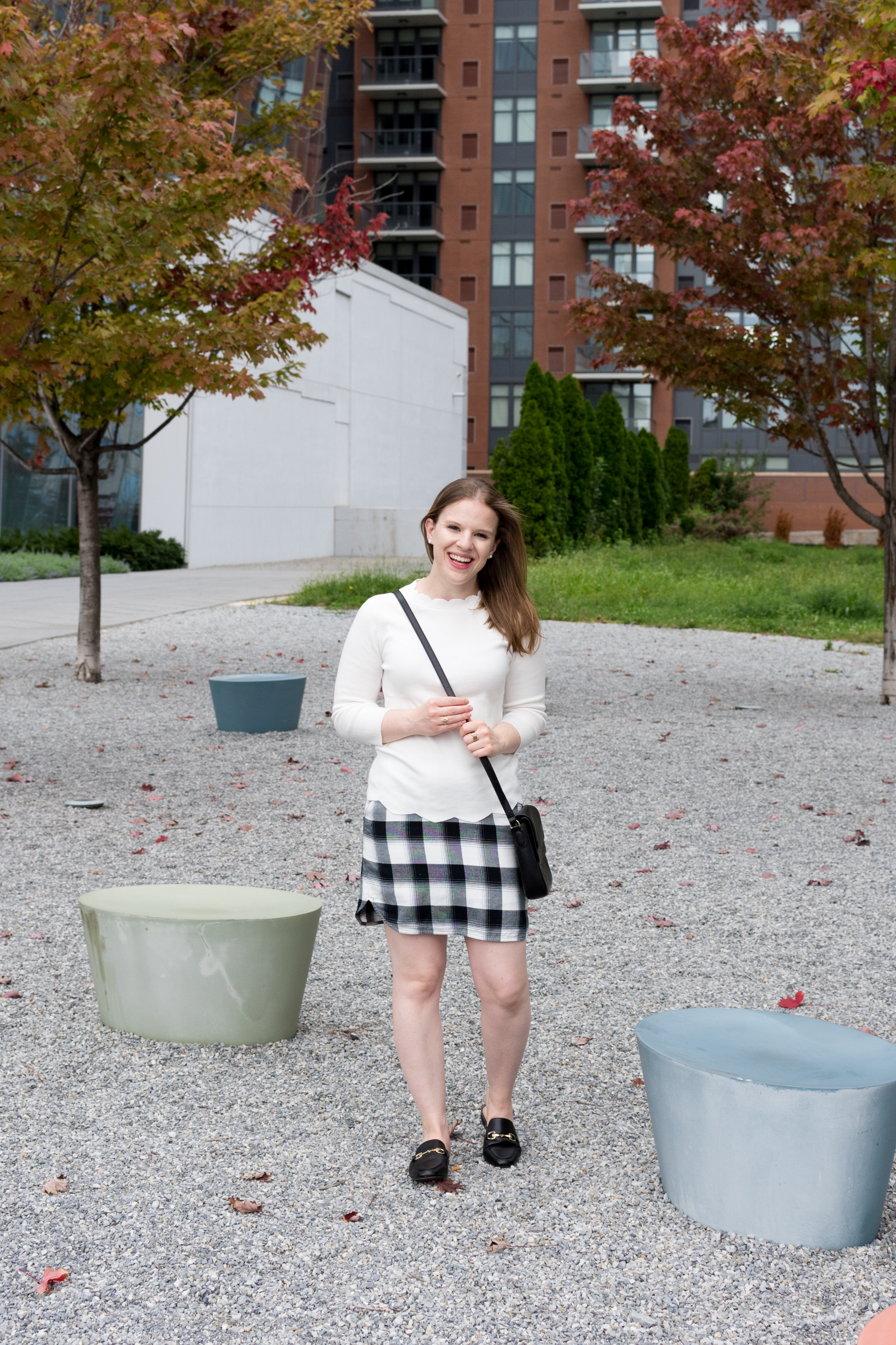 It's Finally Plaid Season | Something Good, @danaerinw , black and white skirt, women, fashion, clothing, style, clothes, women's clothing, plaid mini skirt, buffalo plaid skirt, black mules, white sweater, black crossbody bag