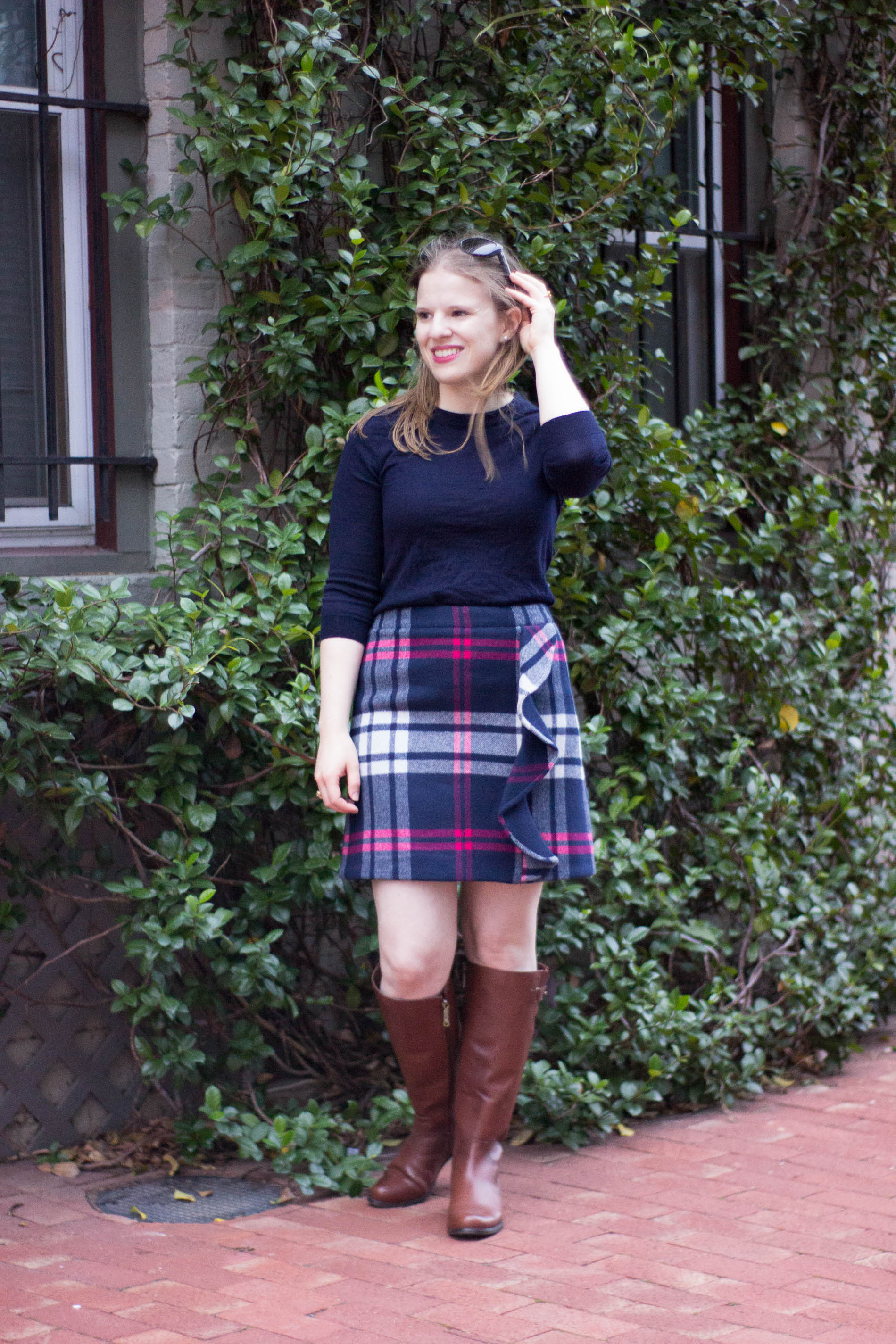 The 5 Days to Holiday Savings Challenge | Something Good, @danaerinw , j.crew factory sweater, j.crew factory crew neck, j.crew plaid ruffle skirt