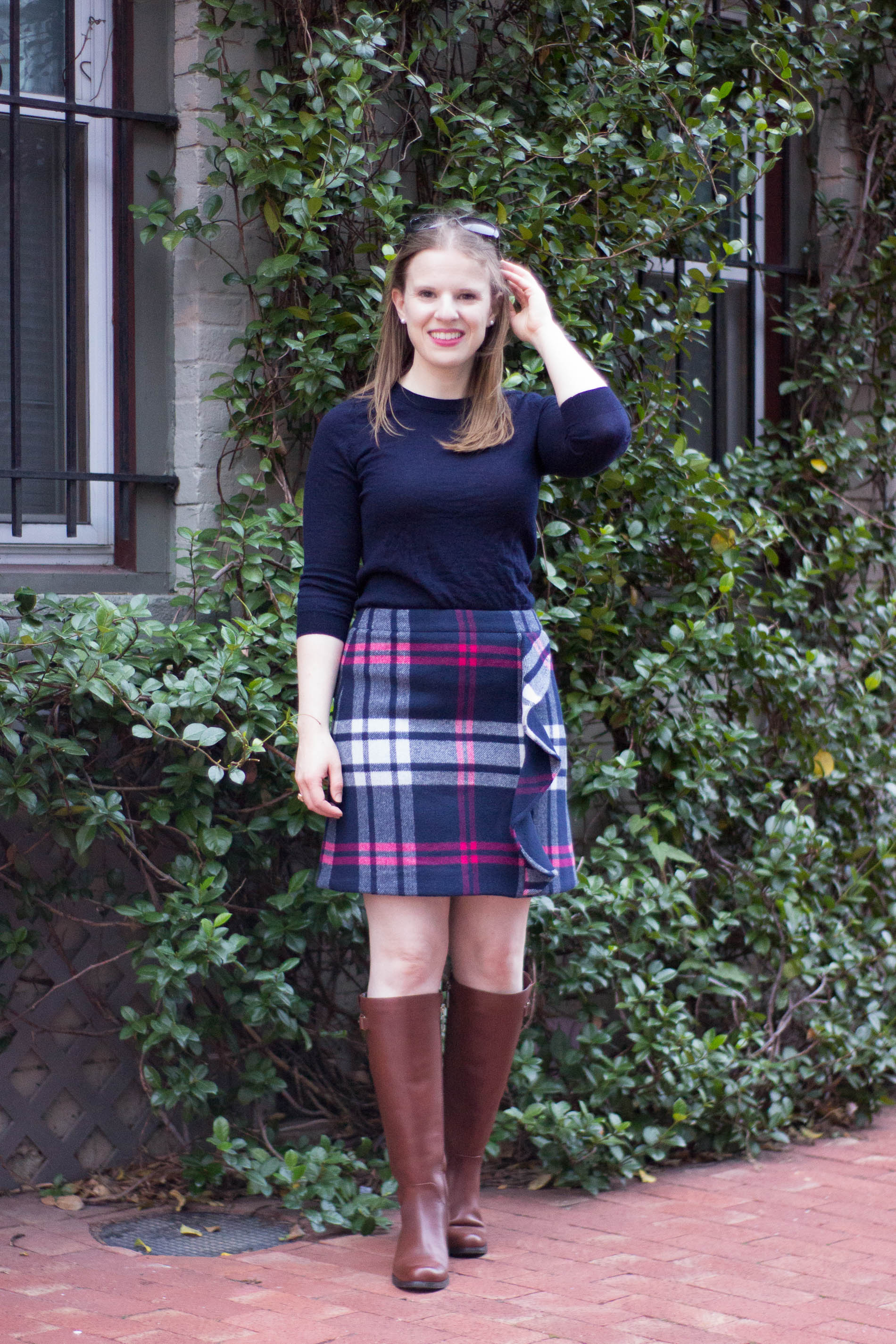 The 5 Days to Holiday Savings Challenge | Something Good, @danaerinw , fall outfit, fall style, women's fashion, women's clothing, women's style, fall clothes, navy sweater, crew neck sweater, riding boots, thanksgiving, thanksgiving outfit, workoutfit, plaid skirt outfit, skirts, women's skirt, brown boots