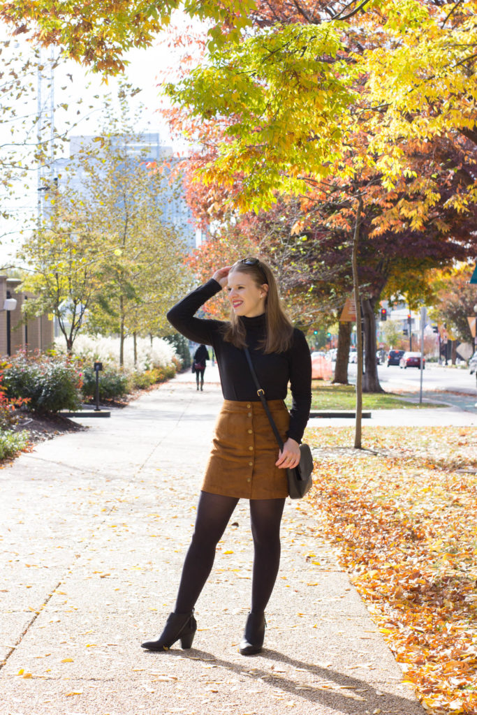 DC woman blogger wearing suede skirt