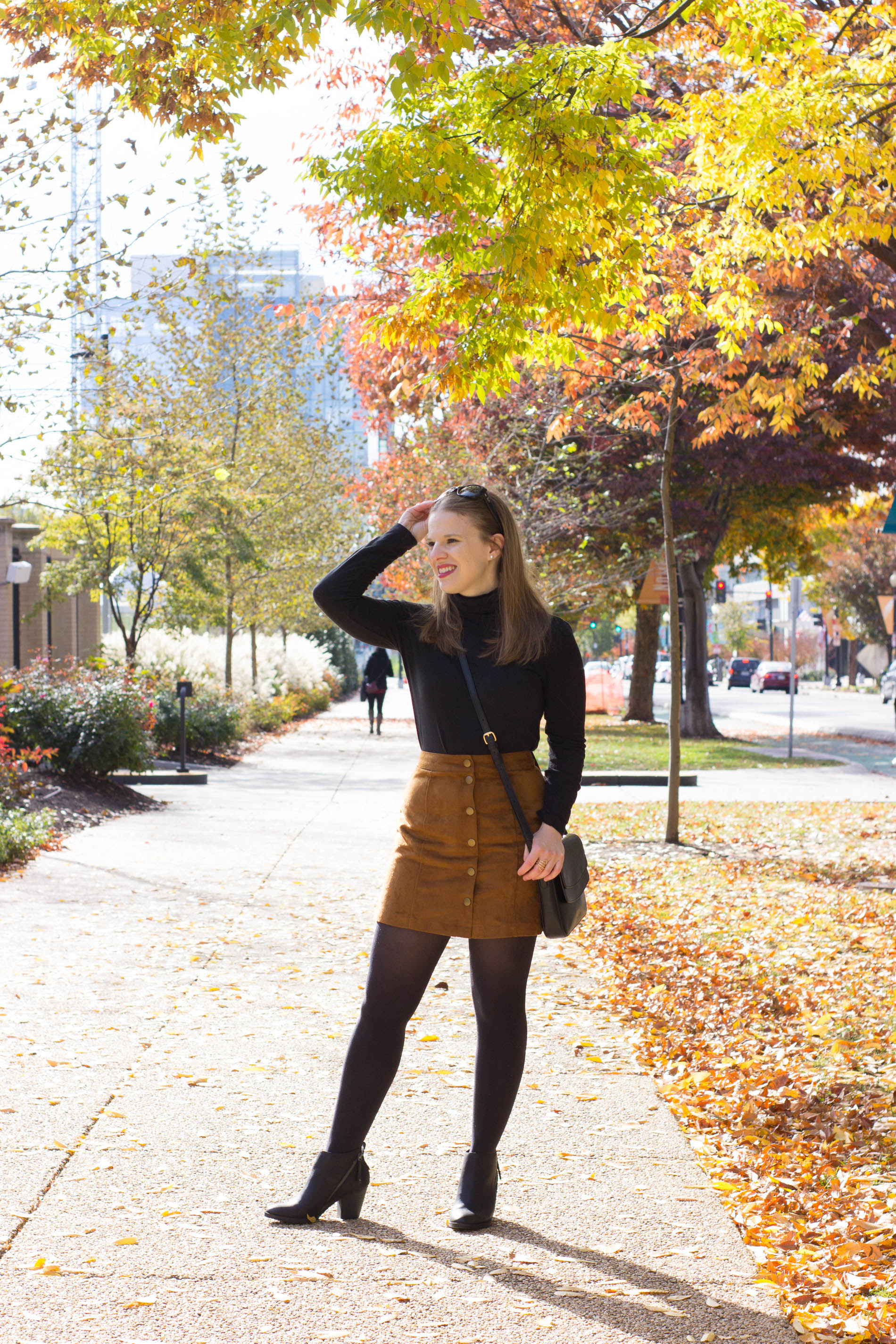 What to Wear to a Friendsgiving | Something Good, @danaerinw , thanksgiving, outfits, holiday outfits, women's clothing, fashion, style, suede skirt, button front skirt, black turtleneck, turtleneck, j.crew, crossbody bag, black tights, black ankle boots, booties, fall outfits, thanksgiving outfits, holiday style