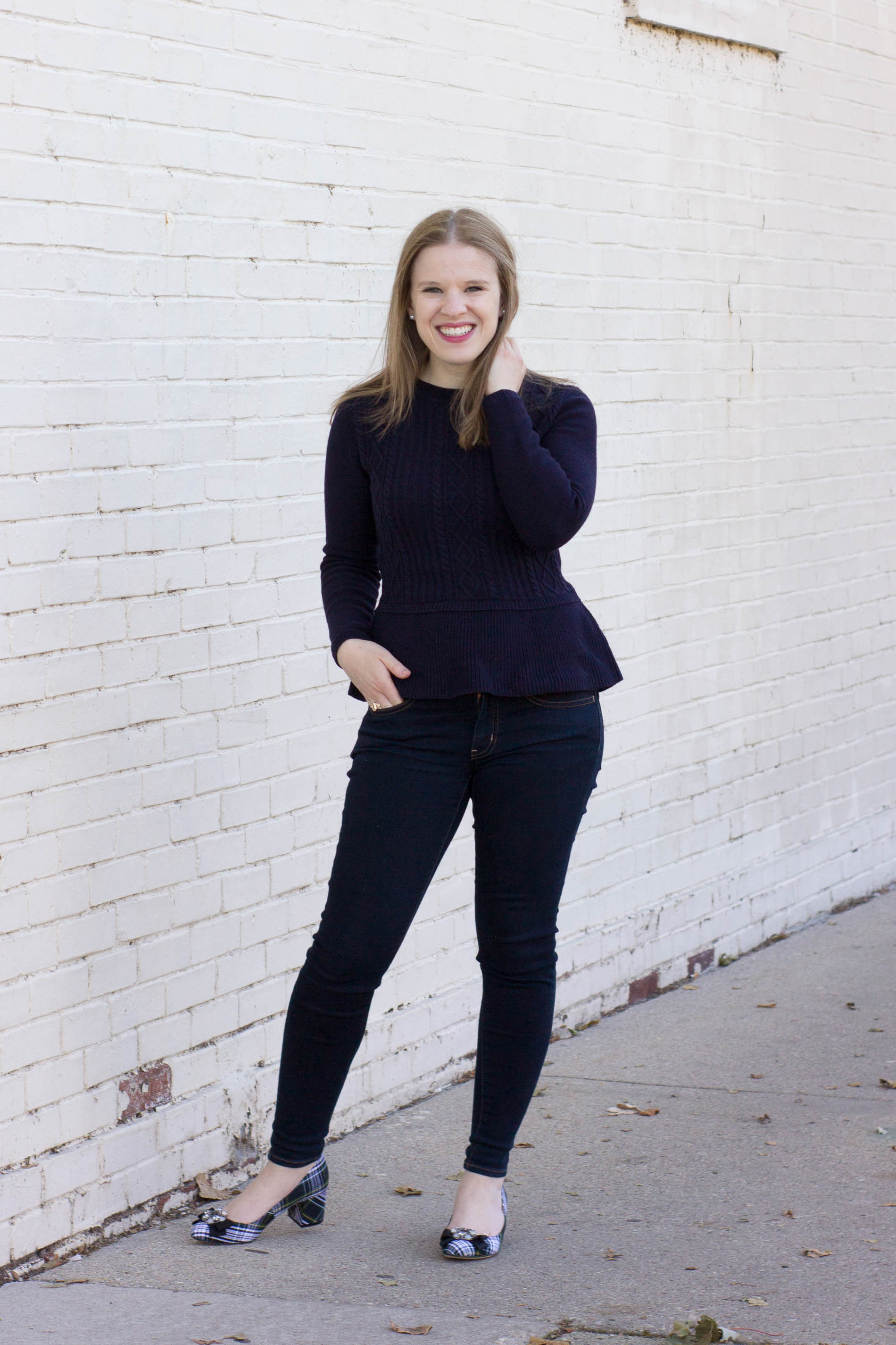 Cyber Monday Deals at Talbots | Something Good, navy peplum sweater, plaid heels, talbot plaid block heels, talbots cable knit peplum sweater, @danaerinw