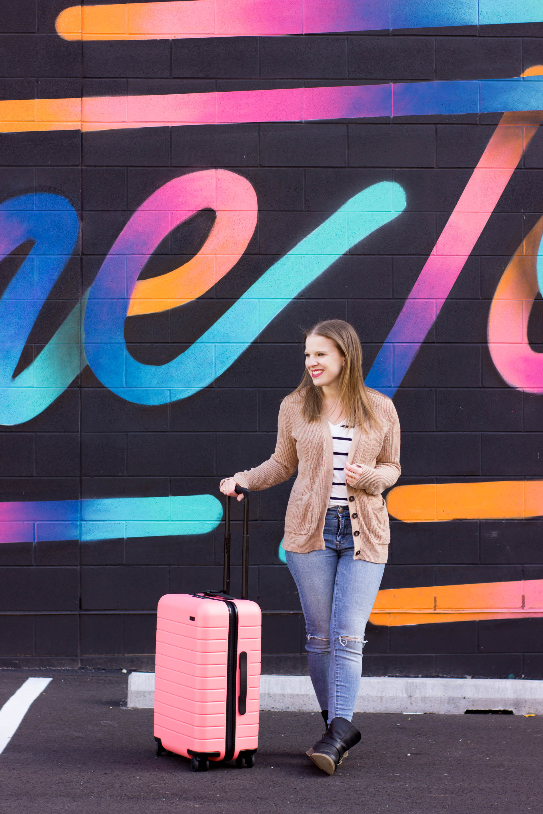 The Perfect Travel Outfit | Something Good, @danaerinw , women, fashion, clothing, style, women's fashion, jeggings, american eagle outfitters, jeans, denim, ripped jeans, boyfriend cardigan, striped shirt, coral suitcase