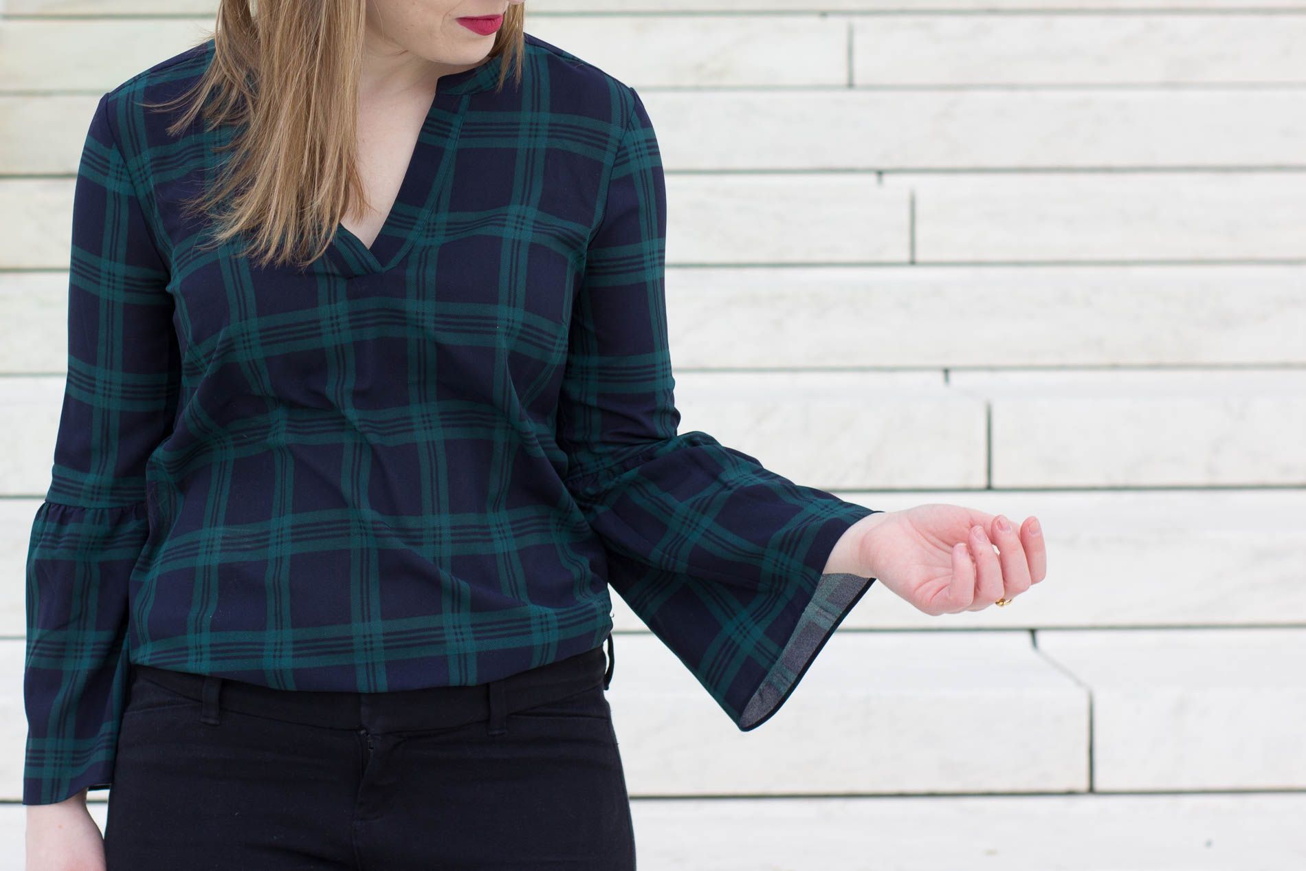The Office Holiday Party | Something Good, @danaerinw, j.crew factory bell sleeve top, plaid top