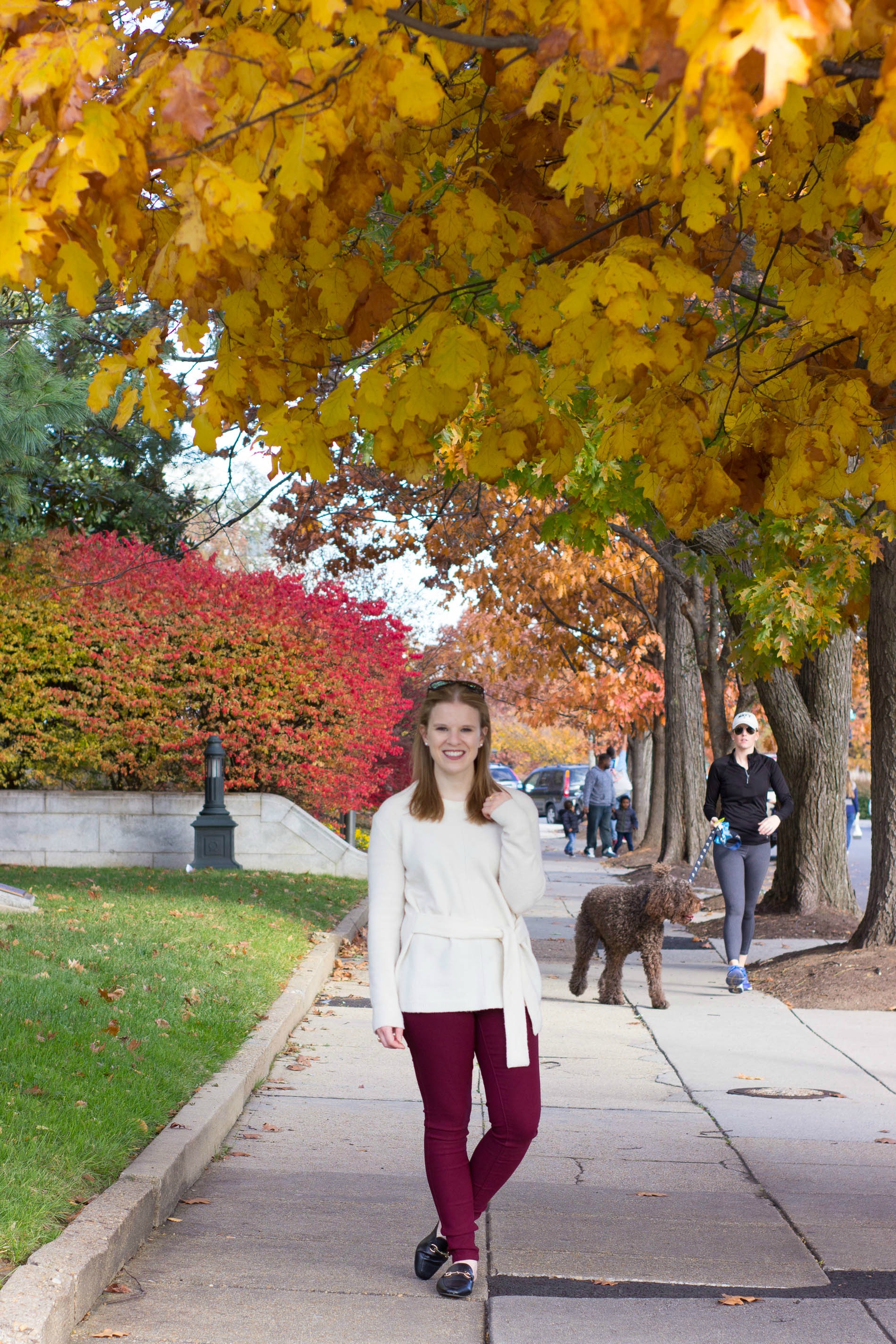 The Red Jeans | Something Good, @danaerinw , women, fashion, clothing, style, women's clothing, fall fashion, holiday party outfit ideas, outfit inspiration, madewell sweater, tie-front sweater, cream sweater, red jeans, burgundy jeans, denim, black mules, target flats, kona mules, holiday outfit indeas, 