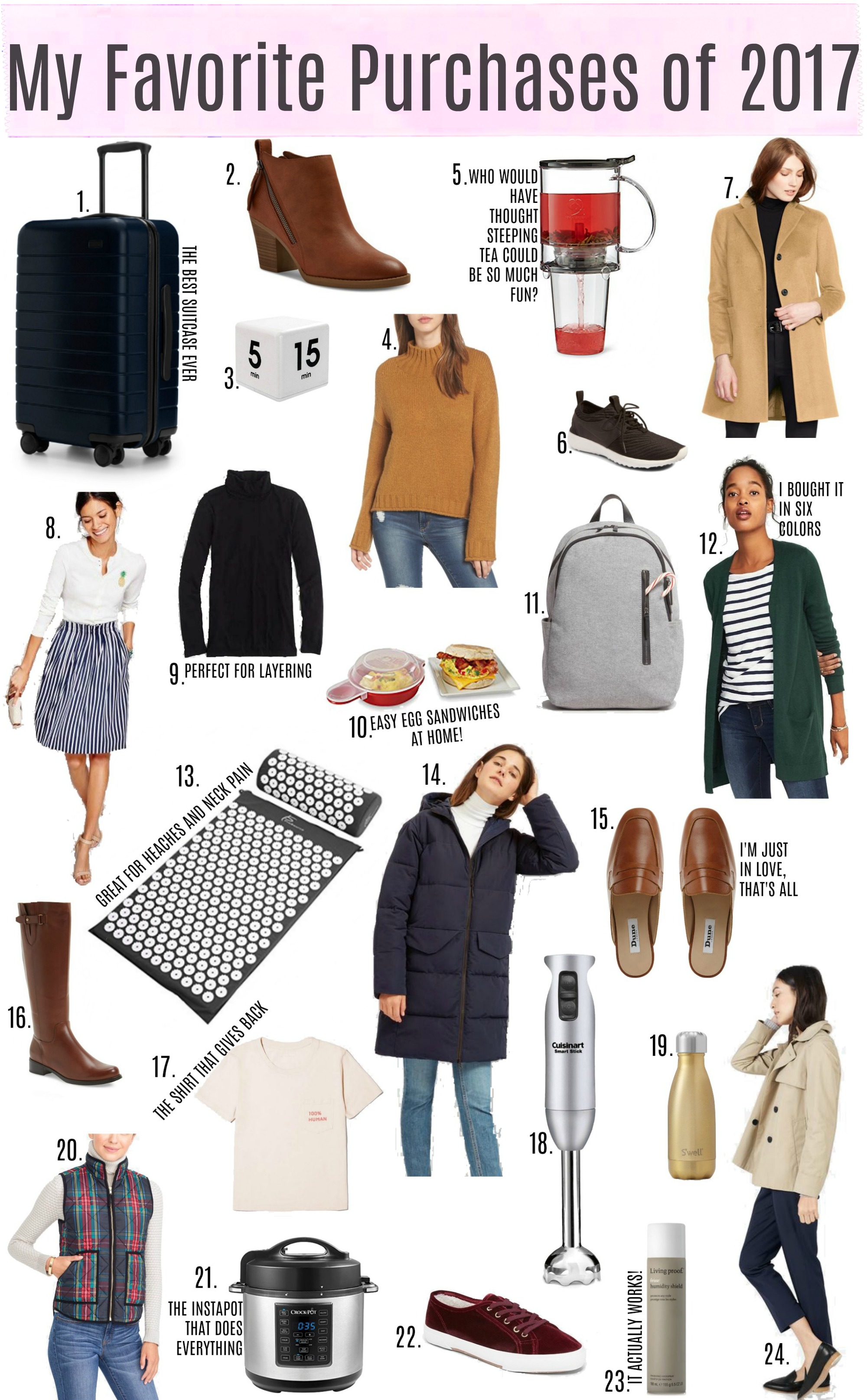 My Favorite Purchases of 2017 | Something Good, @danaerinw, Away Suitcase, dv Jameson Double Zip Booties, Timer, Bp. Cozy Mock Neck Sweater, Teavana Perfectea Maker, Nike Juvenate, Lauren Ralph Lauren Wool Blend Reefer Coat, J.Crew Factory Striped Skirt, J.Crew Tissue turtleneck T-shirt, Eggwich Maker, Everlane The Modern Commuter Backpack, Old Navy Open-Front Long-Line Sweater, Acupressure Mat, Everlane The Long Puffer Jacket, Dune Loafer, Blondo Volly Waterproof Riding Boot, Everlane The 100% Human Tee, Cuisinart Smart Stick Hand Blender, S'well 9 oz, J.Crew Factory Printed Quilted Puffer Vest, Pressure Cooker / Slow Cooker / InsaPot, Old Navy Velvet Sneakers, Living Proof No Frizz Humidity Shield, Everlane Swing Trench 