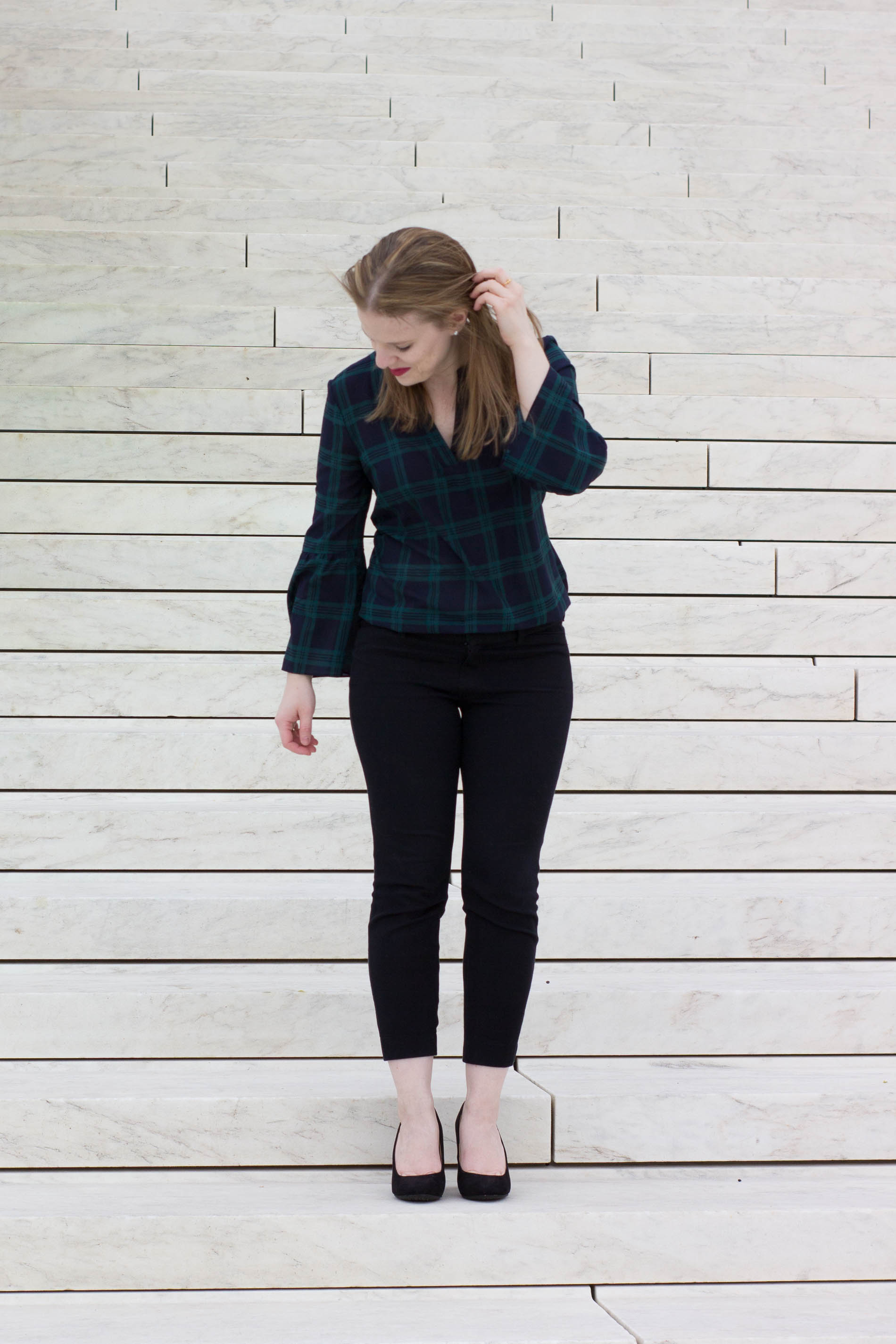 DC woman blogger wearing plaid top